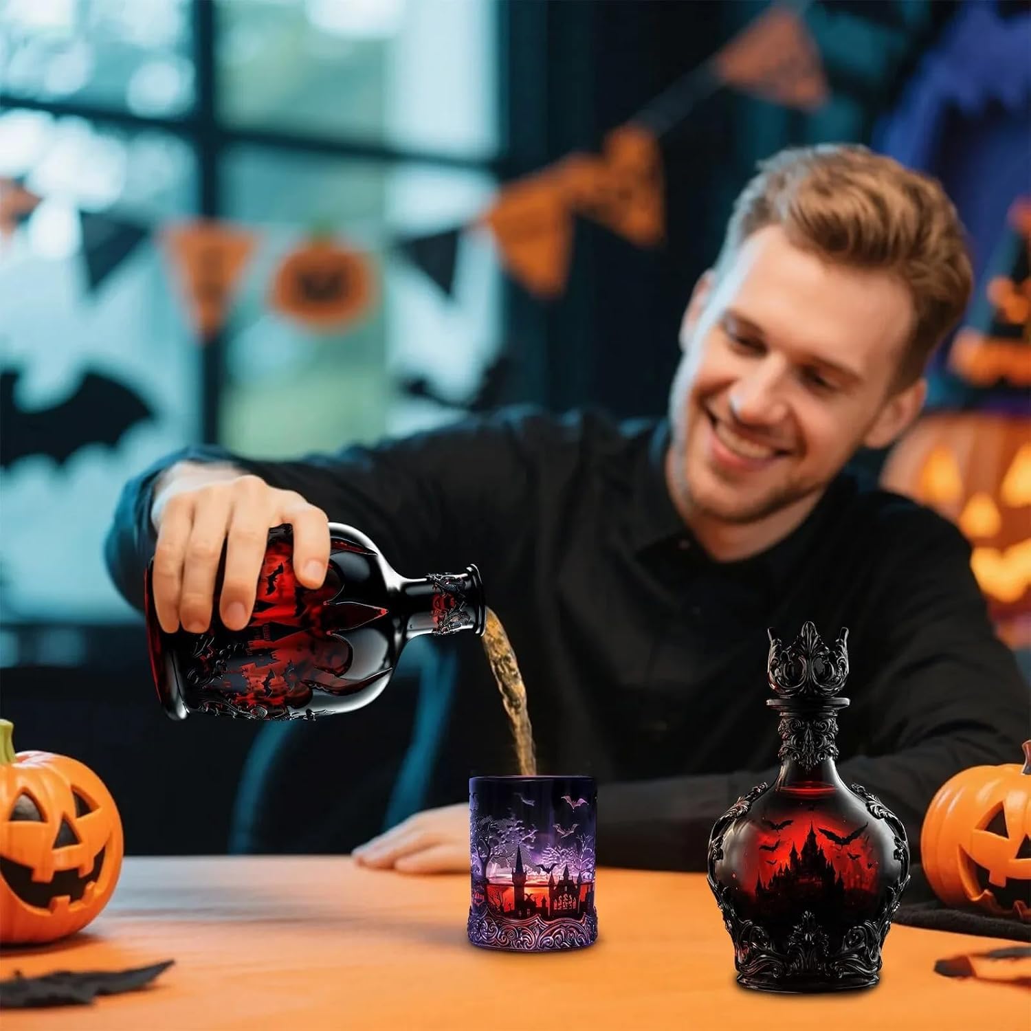 Gothic Vampire Potion Whiskey Decanter, Themed Wine Bottle With Castle Design, 3D Design For Whisky, Wine & Brandy, Scary Bar Decoration(A)