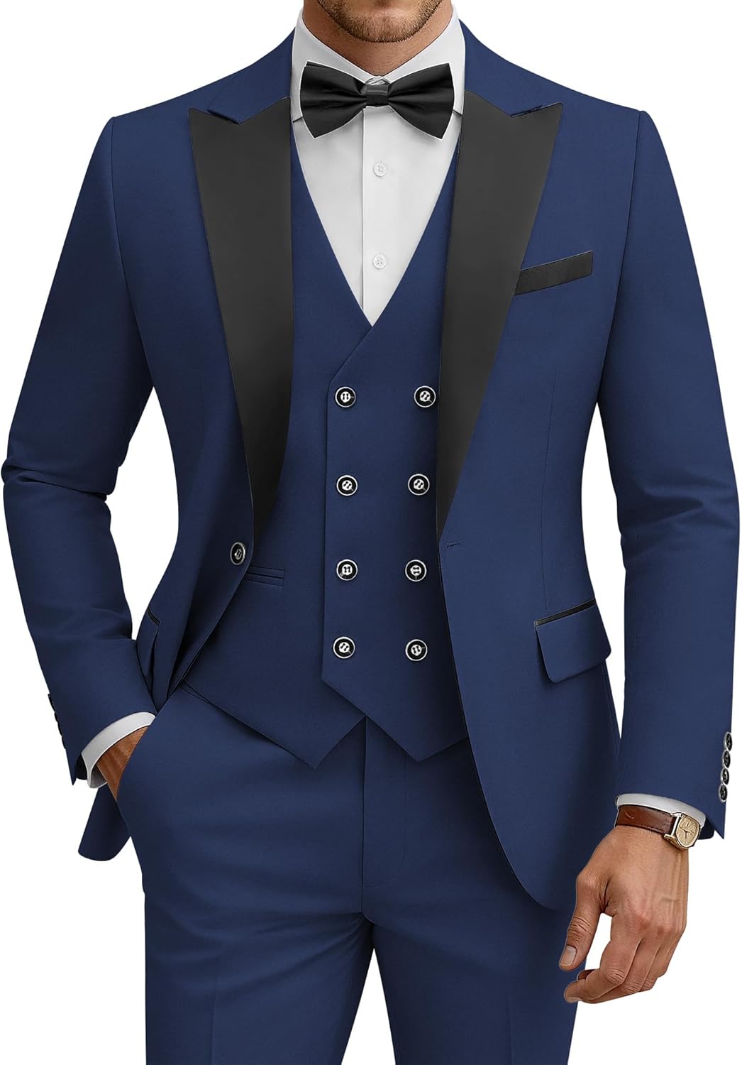 WULFUL Men's 3 Piece Suits Slim Fit Tuxedo Suit Set Double Breasted Suit Jacket Vest Pants Set for Wedding Prom