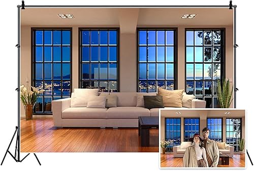 Miniatura 2 de AOFOTO Fondo de ventana francesa de 8 x 6 pies para oficina de negocios, sala de estar, sofá, fotografía, fondo interior, trabajo en casa, paisaje