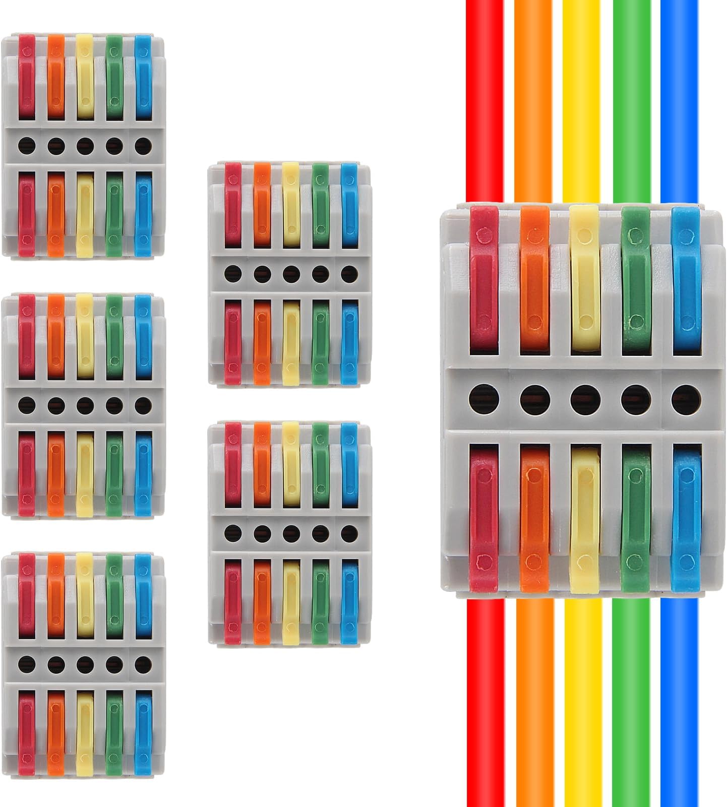 5Pcs Quick Connect Electrical Splicing Wire Connectors Kit Lever Wire Connectors Compact Butt Splice Inline Terminals AWG 28-12 5 in 5 Out Insulated Terminal for Home Terminal Block Connector