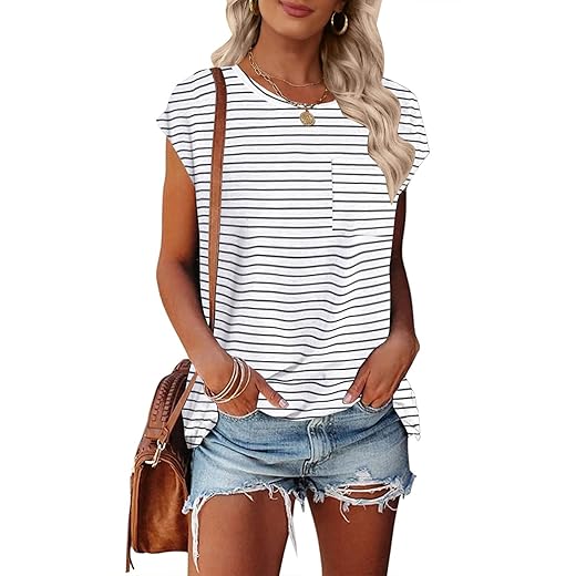 MEROKEETY Women's Casual Cap Sleeve T Shirts Basic Summer Tops Loose Solid Color Blouse