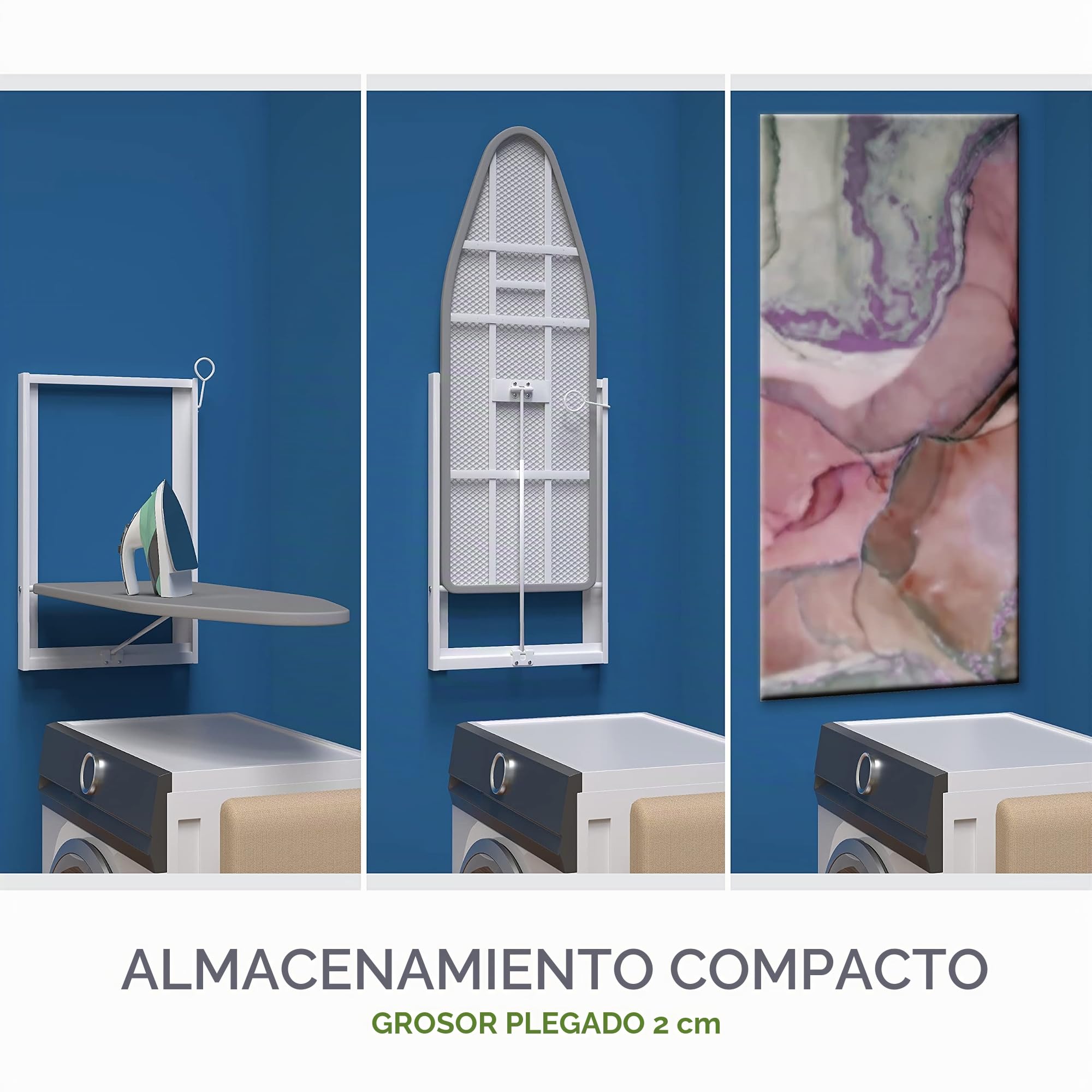 Tabla de planchar montada en la pared Xabitat - Tabla de planchar plegable de montaje compacto para espacios pequeños - Ahorro de espacio con cubierta de tela de algodón - Blanco y gris