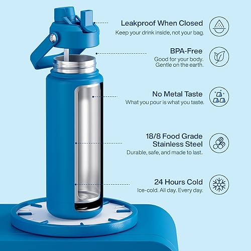 Miniatura 920 de ENCOOL Botella de agua aislada con popote, de acero inoxidable, a prueba de fugas, sin BPA, al vacío de doble pared que se mantiene fría durante 24