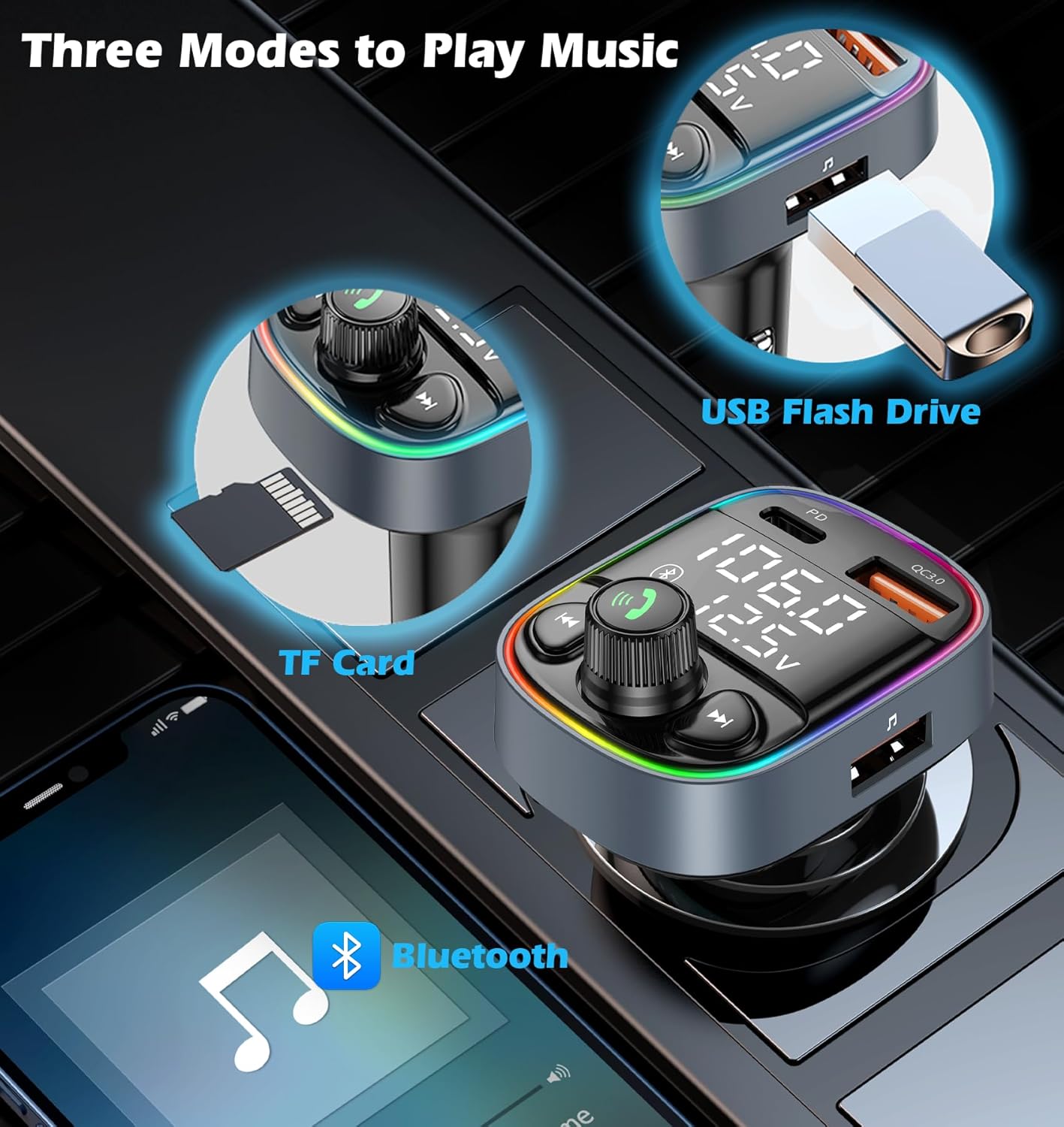 Image showing three modes for playing music: Bluetooth, TF Card, and USB Flash Drive