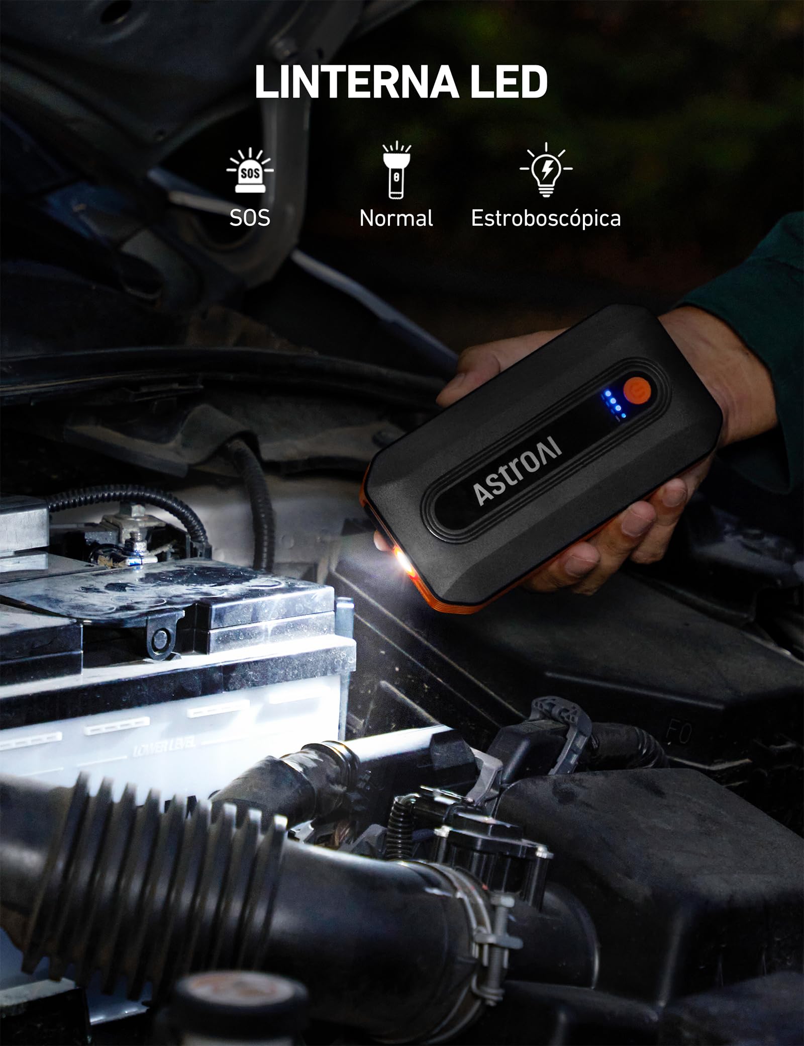 AstroAI B8 Arrancador de Baterias de Coche, Arrancador de Coches Portatil 12V (para 5.5L Disésel o 7.0L Gas), Jump Starter con Protección Inteligente con Luz LED para Cohe y Moto, Naranja