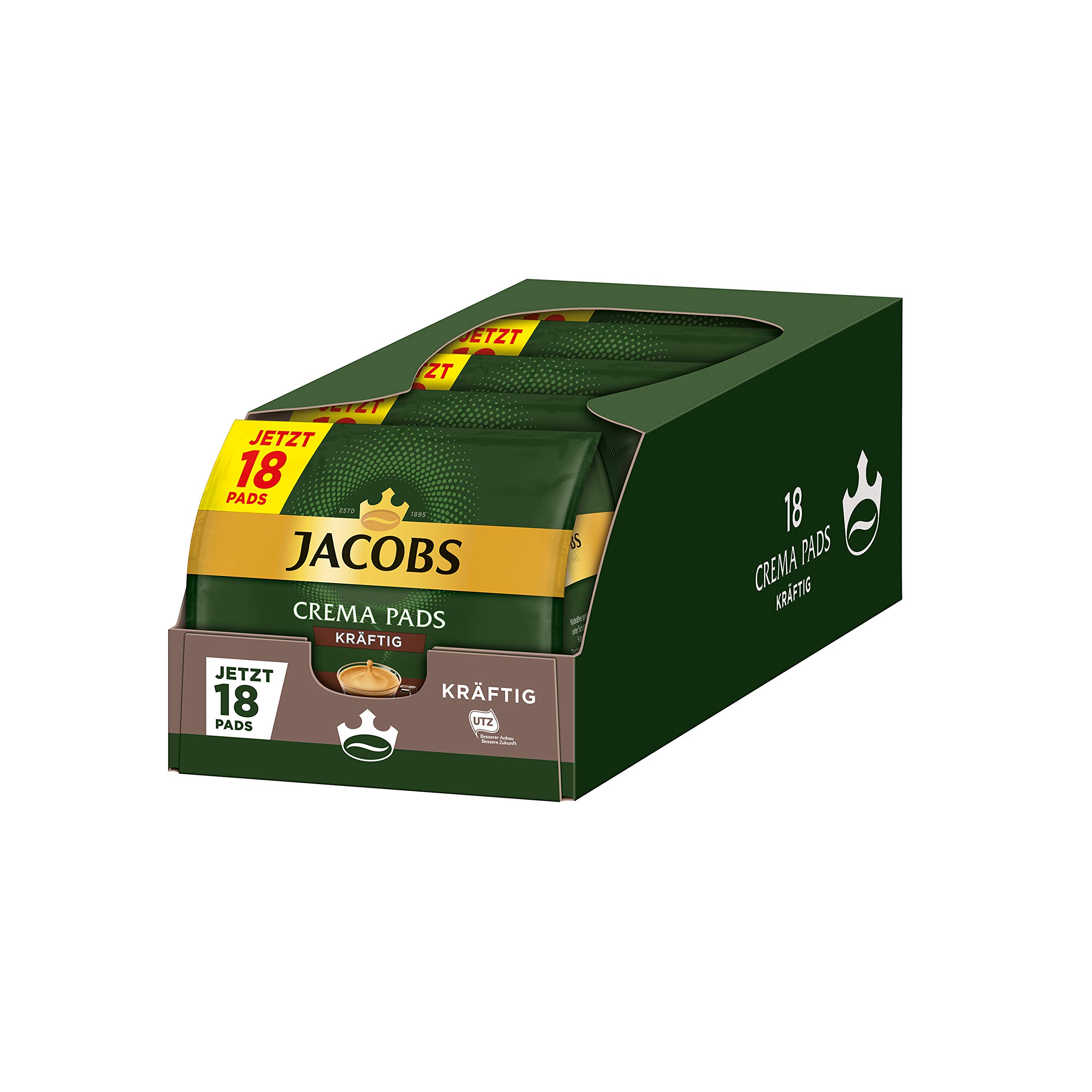 Jacobs Zestaw 5 opakowań po 18 kapsułek do kawy Crema o dużej mocy, kompatybilne z Senseo