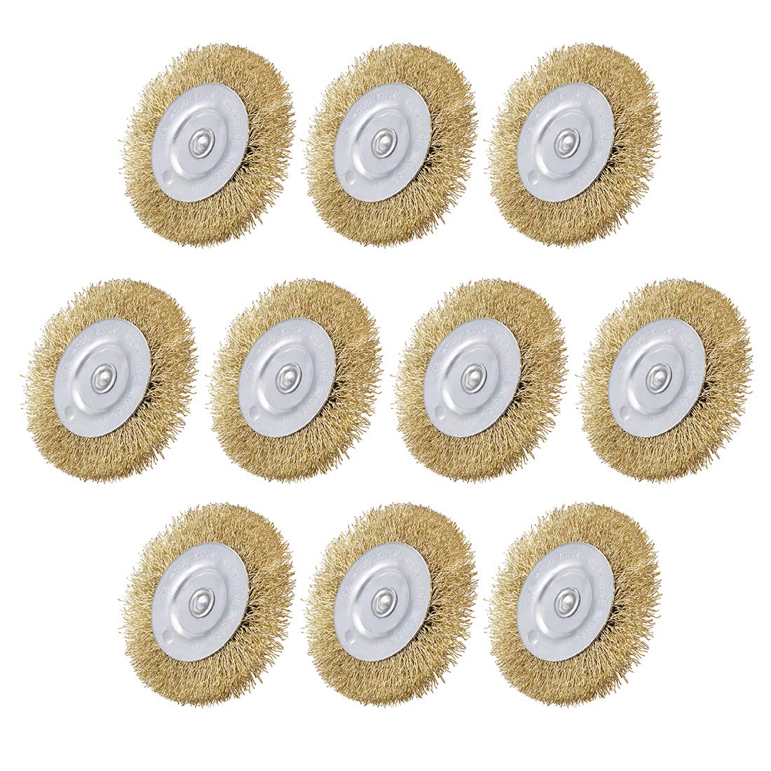 uxcell 3-Inch Wire Wheel Brush Bench Copper Plated Crimped Steel 1/4-Inch Shank 10 Pcs