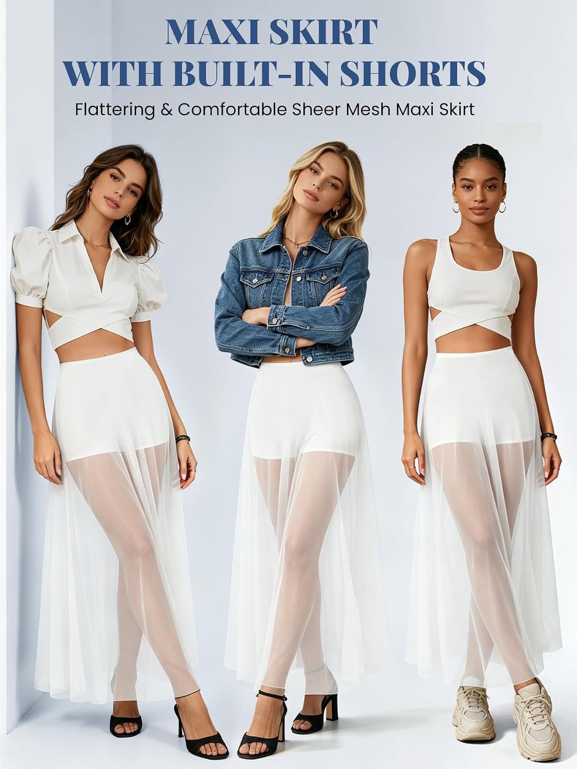 Women's High Waist A-Line Sheer Mesh Maxi Skirt with Built-in Shorts - Trendy See Through Summer Going Out Long Skirt