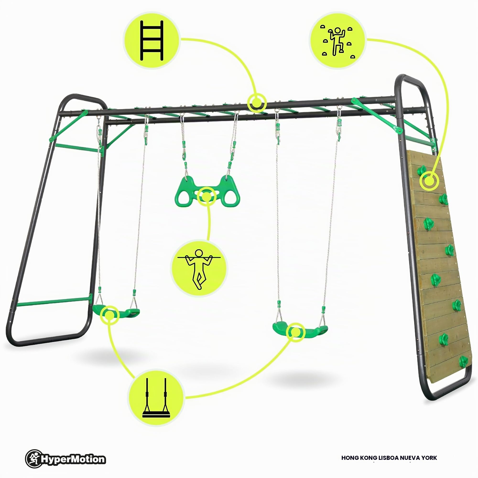 HyperMotion Columpio Infantil XXXL con 2 Asientos, Trapecio y Pared de Escalada - Set Columpios Infantiles para Jardín con Escalera y Cuerdas Ajustables - Estructura de Acero, 200 kg
