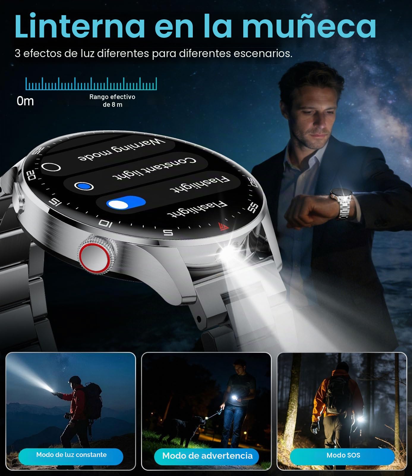 Reloj Inteligente Hombre, LIamadas Bluetooth, 1,7"Grande Smartwatch Hombre con Linterna LED/800 mAh/IP68, 100+ Modos Deportivos, Monitor de Frecuencia Cardíaca y Sueño, Android e iOS, Plateada