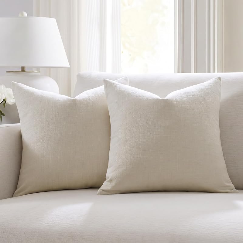 Meekio Set of 2 Ivory Throw Pillow Covers 22x22, Modern Farmhouse Linen Blend Decorative Pillow Covers for Couch Sofa Bed, Neutral Home Decor