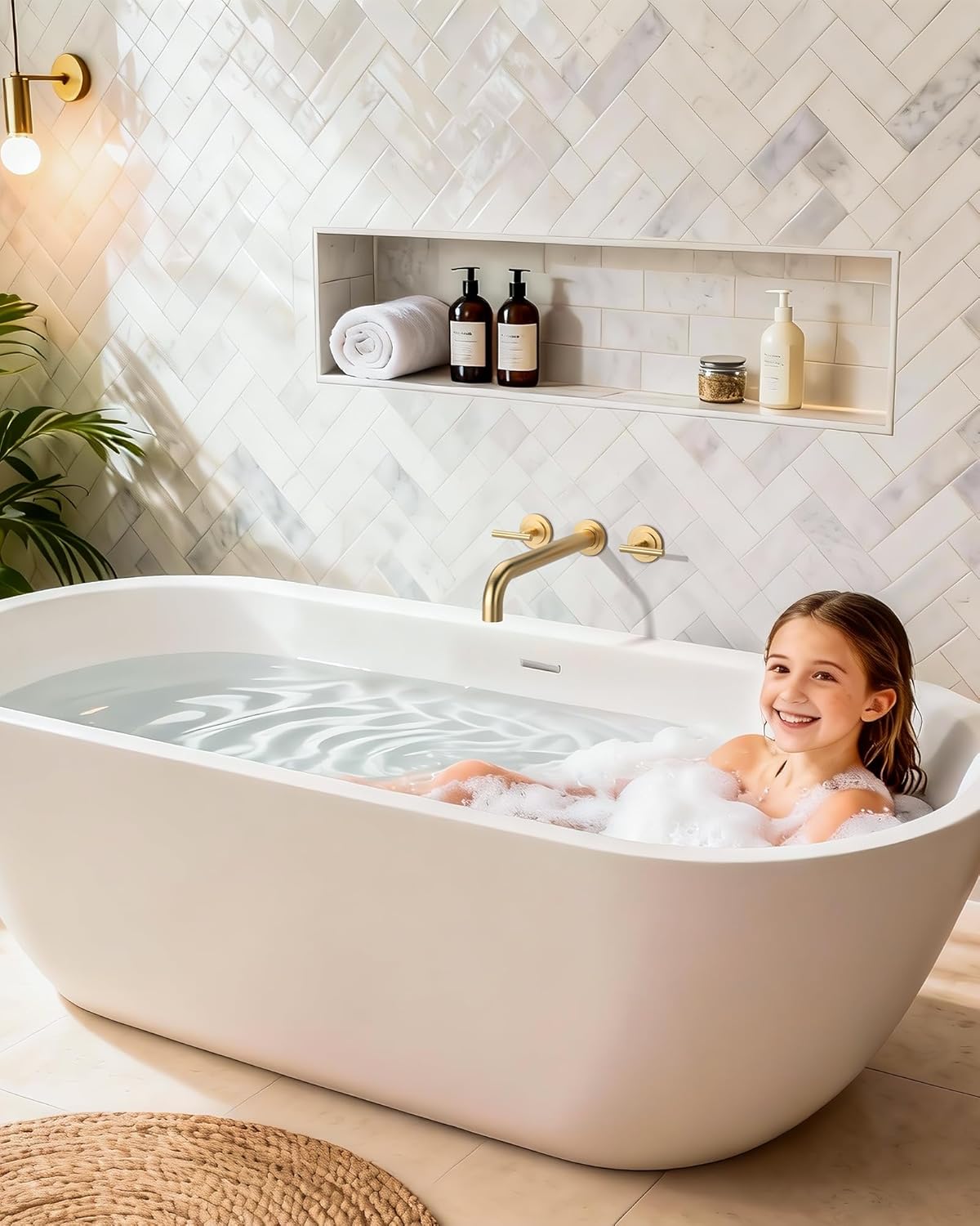 WOWOW Wall Mount Tub Filler: Gold Tub Faucet High Flow Two Handles Solid Brass, Long Spout Reach,Tub Faucet Bathroom Bathtub Faucets with 2 Handles Tub Faucets with Brass Rough in Valve Included