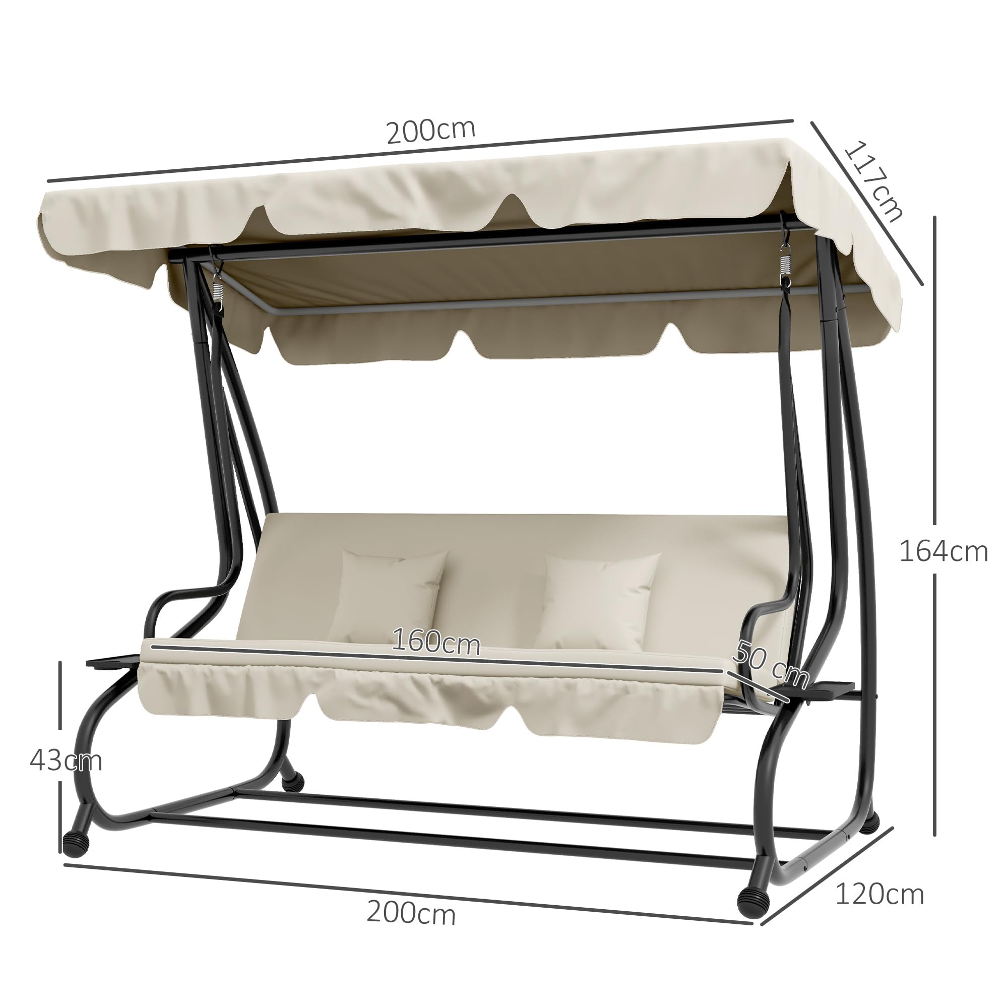 Outsunny Columpio Balancín Jardín 3 Plazas Convertible en Cama Techo Parasol Regulable Bandeja para Bebida Terrza Balcón Exterior Carga máx. 340kg Acero 200x120x164cm Beige