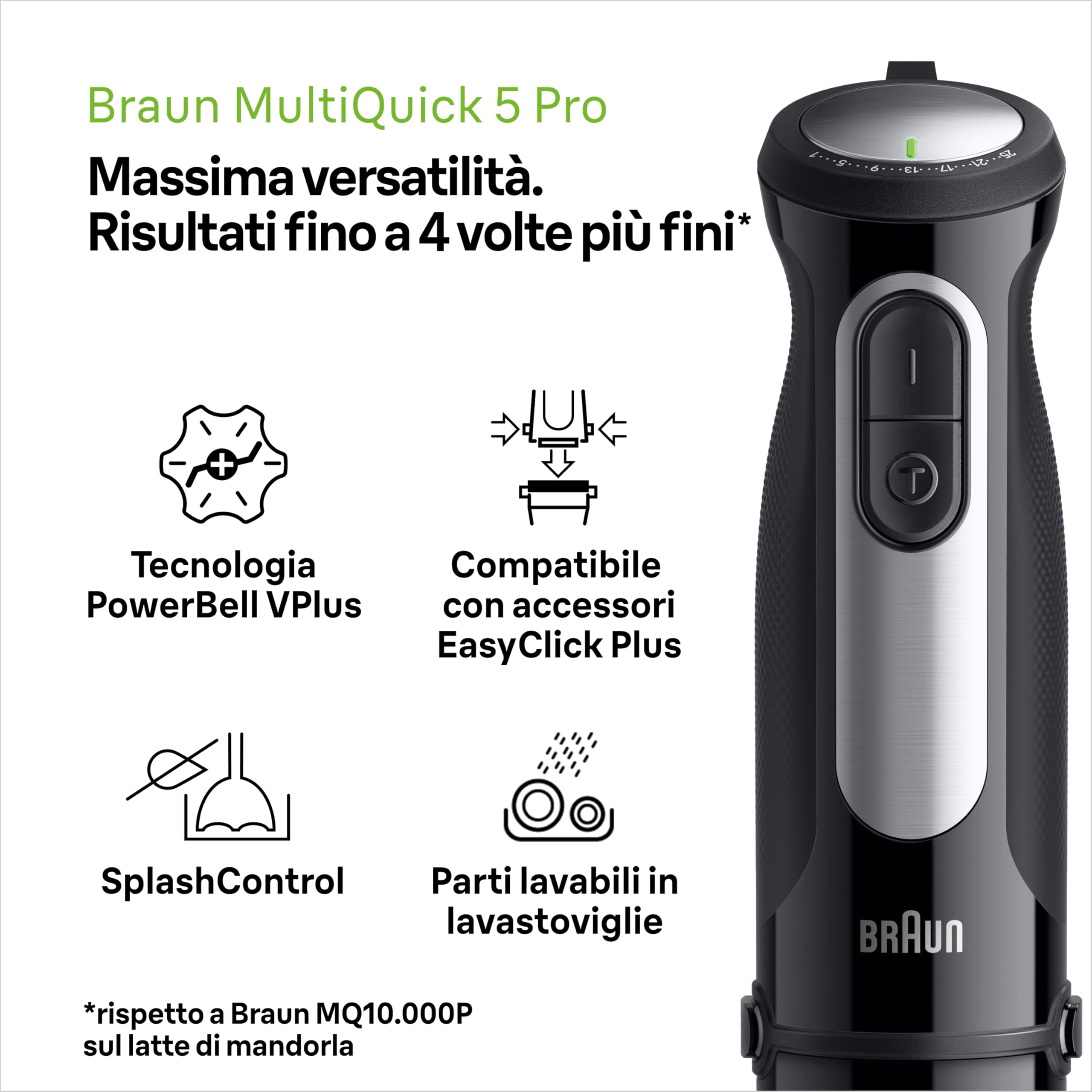 Braun Multiquick 5 Pro MQ55755M MINIPIMER CON 5 ANNI DI ASSISTENZA, 25 velocità di lavorazione, Antischizzo, 3 accessori, NUOVO ACCESSORIO ROBOT, 1000watt, Nero