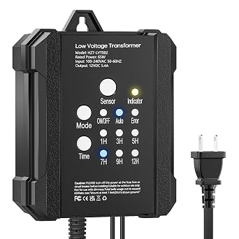 HIBOITEC 65W Low Voltage Landscape Transformer, Outdoor Lighting Transformer with Photocell Sensor and Timer, 120V AC to 12V DC Weatherproof Transformers for LED Lights Spotlight Pathway Light