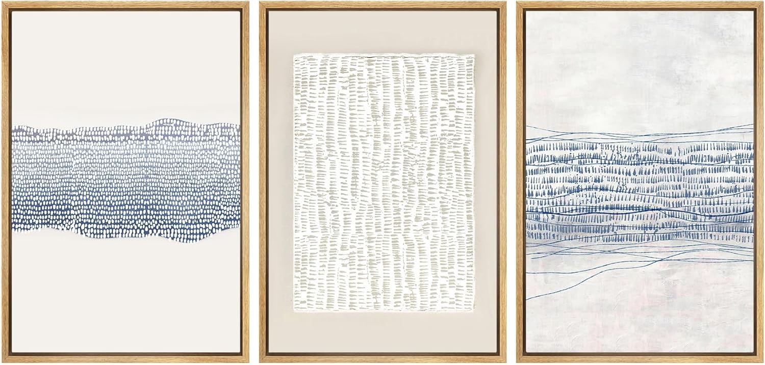 SIGNWIN Framed Canvas Print Wall Art Set Blue White Grunge Geometric Pattern Abstract Shapes Cozy Neutral Decorative Contemporary Minimal for Living Room, Bedroom, Office - 24"x36"x3 Natural