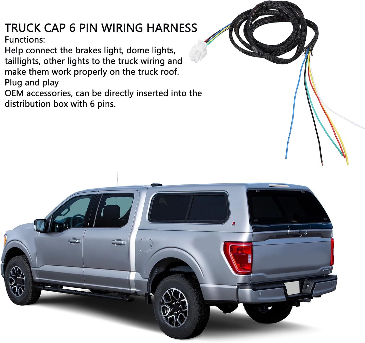 Truck Cap 6 Pin Wiring Harness, Replacement for Leer Truck Topper with TAG Fuse Box, 6 Wire Adapter for Brake Tail and Dome Lights, Plug and Play OEM Fit
