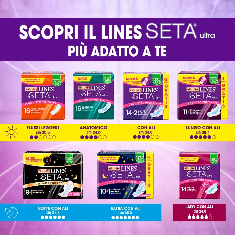 Lines Ultra Night Ultra Absorbent Silk with Wings, Pack of 64