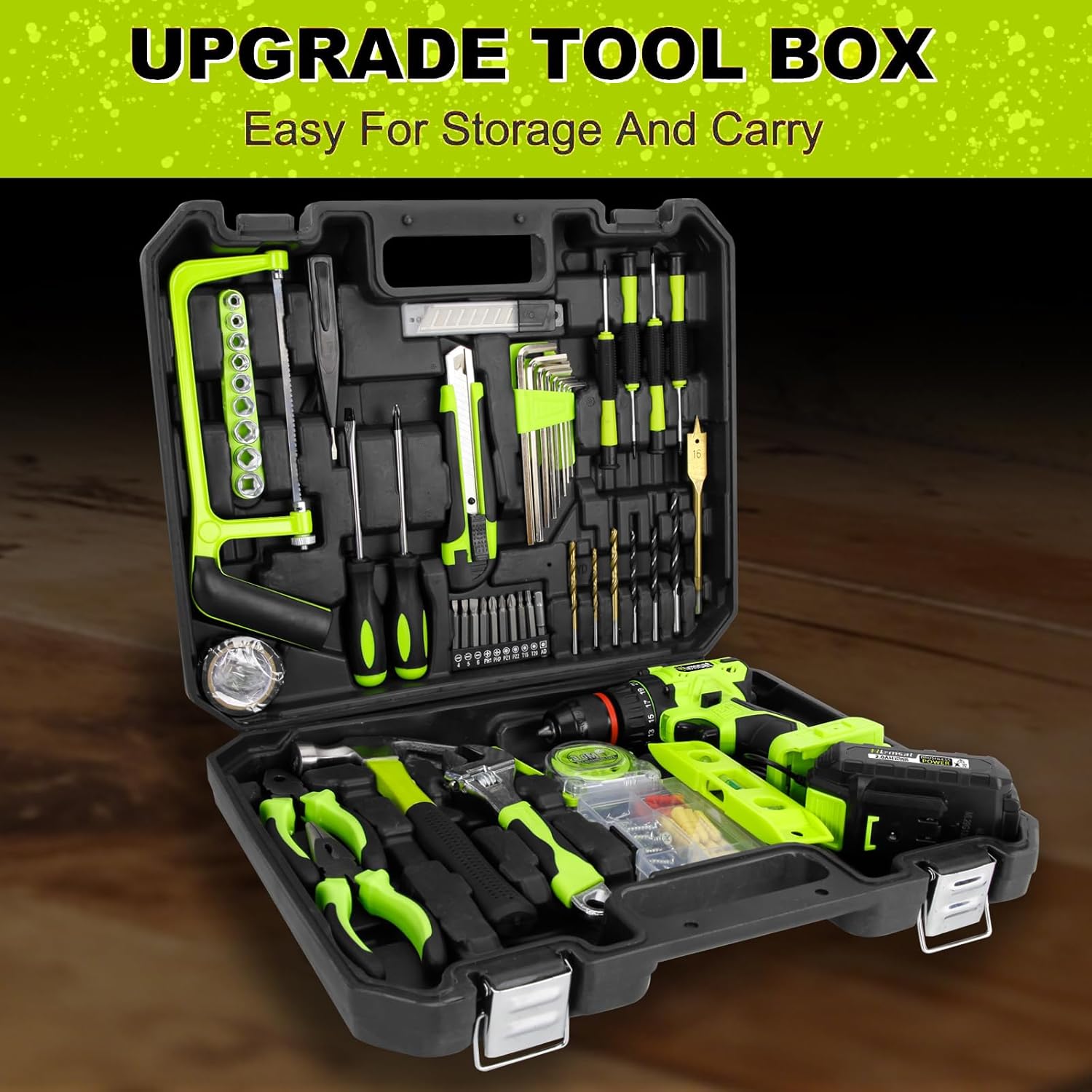 Brushless Drill Tool Set,20V Cordless Drill Tool Box with 2.0Ah Battery,50N.m & 24+1 Gear 3/8" Keyless Metal Self-locking Chuck Handheld Tool Drills Kit,Taladro Inalámbrico for Home Repair Set