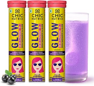 Chicnutrix Glow Glutathione Effervescent Tablets with Vitamin C |Japanese Glutathione 500mg For Radiant, Even-Toned and Glowing Skin | Sugar-Free| Blackcurrant Flavour | 20 Tablets (Pack of 3)