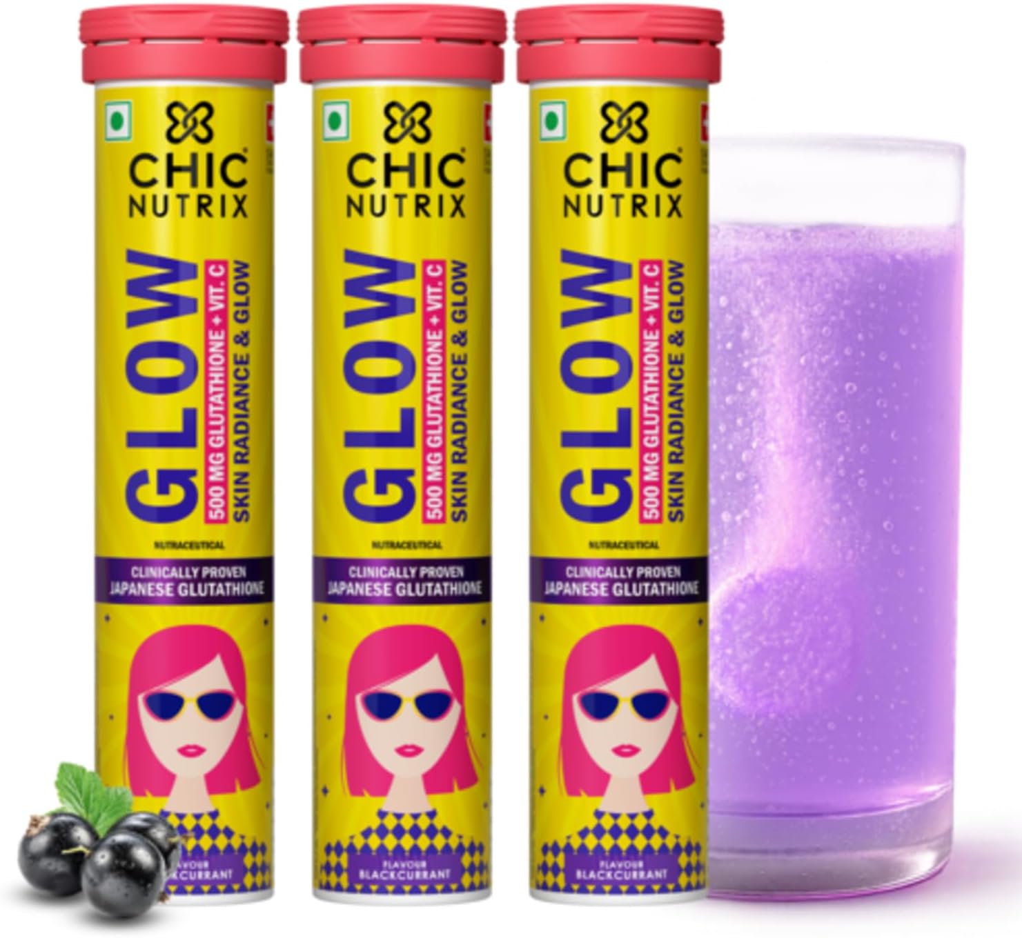 Chicnutrix Glow Glutathione Effervescent Tablets with Vitamin C |Japanese Glutathione 500mg For Radiant, Even-Toned and Glowing Skin | Sugar-Free| Blackcurrant Flavour | 20 Tablets (Pack of 3)