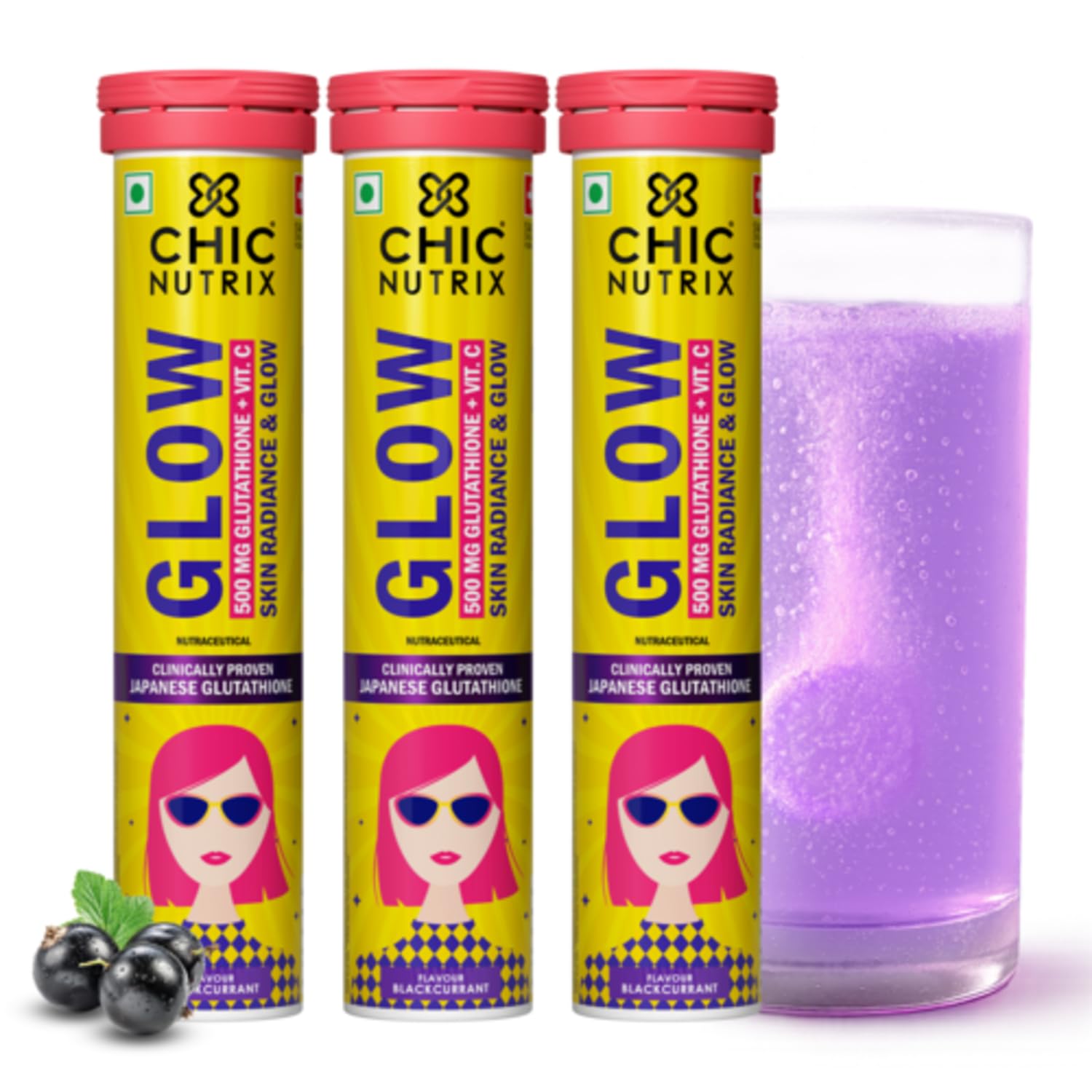 Chicnutrix Glow Glutathione Effervescent Tablets with Vitamin C |Japanese Glutathione 1000mg For Radiant, Even-Toned and Glowing Skin | Sugar-Free| Blackcurrant Flavour | 20 Tablets (Pack of 3)