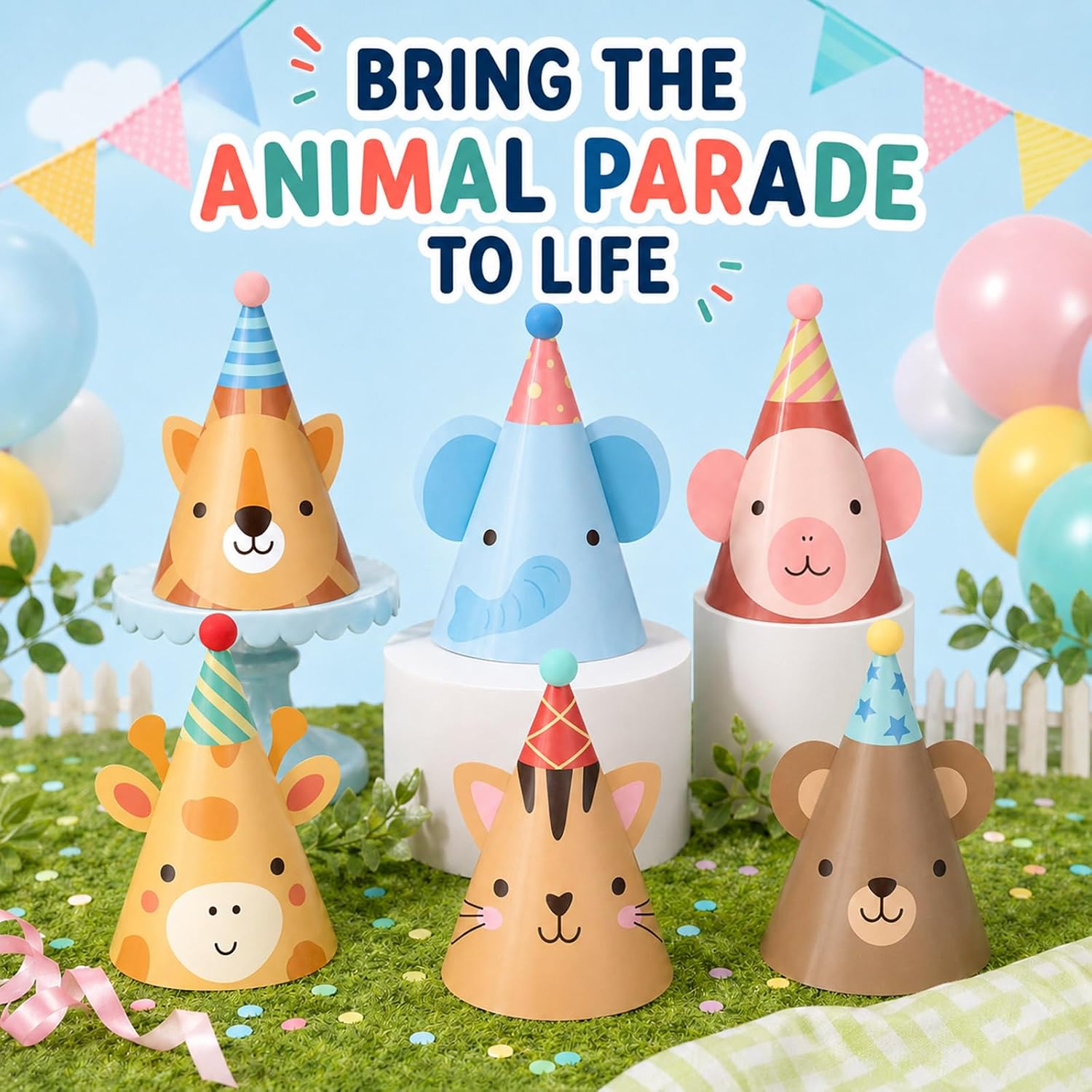 24PCS Animal Parade Party Decor Cute Safari Jungle Animal Paper Cone Hats