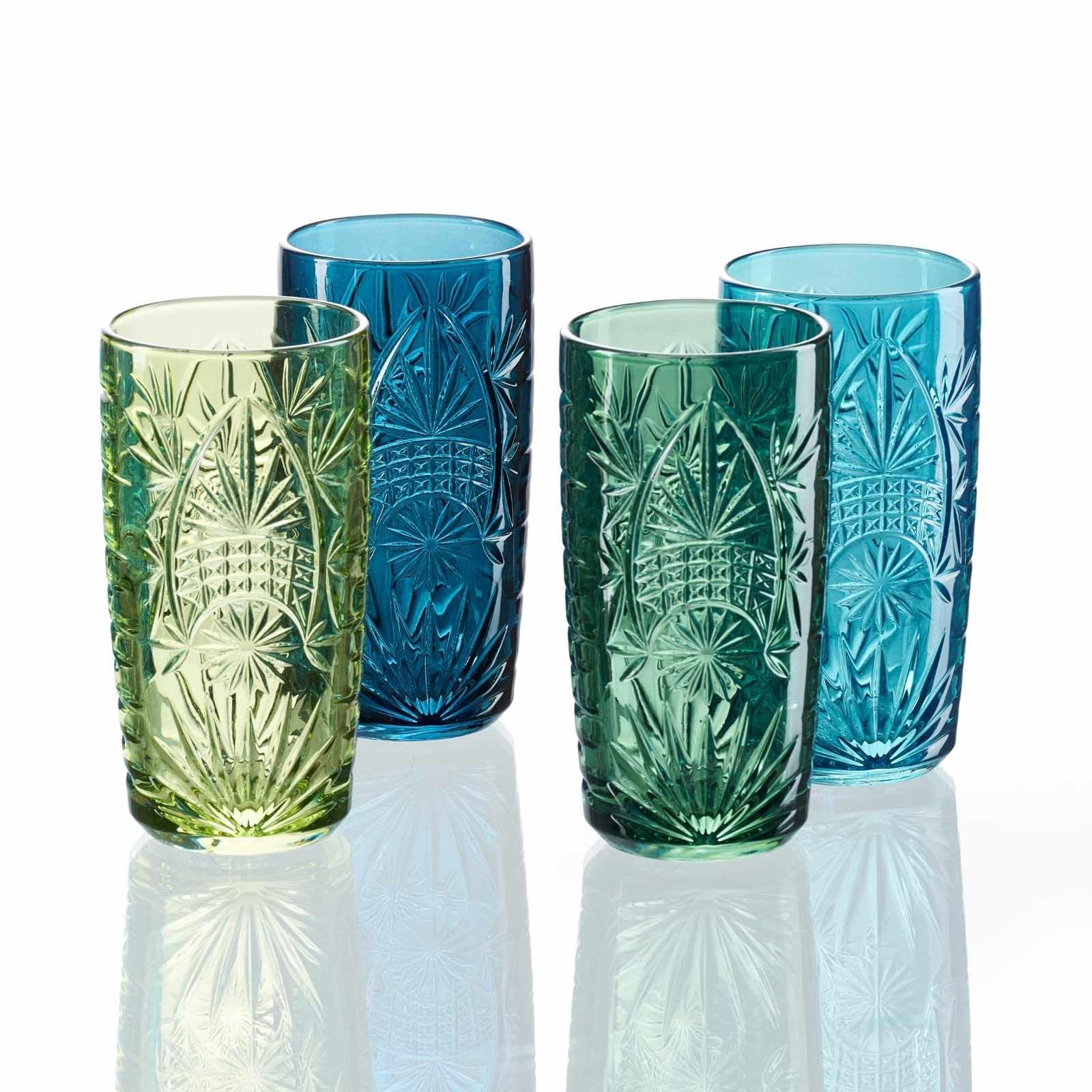 Ritzenhoff & Breker Longdrinkgläser-Set Bari 360 ml | 12-teilig | Bunte Trinkgläser in Blau- und Güntönen, Gläser mit Farnen-Relief, Spülmaschinengeeignet