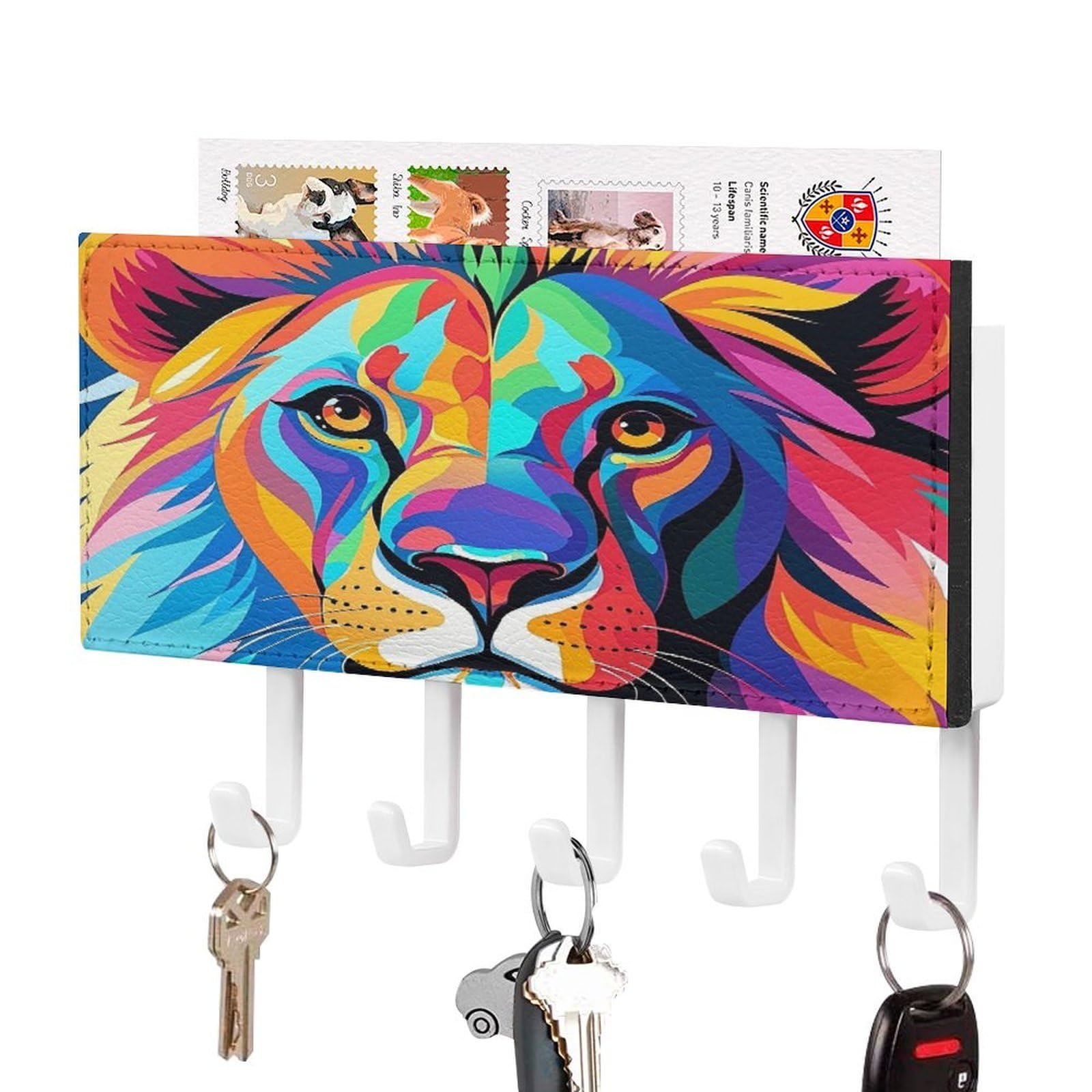 Fekiloot White-Style Colorful Lion Key Holder Wall Mount Key Hanger With 5 Hooks Decorative Key Rack Hanging Key Hooks With Mail Organizer Key Holder For Wall Living Room Kitchen Bathroom Hallway White