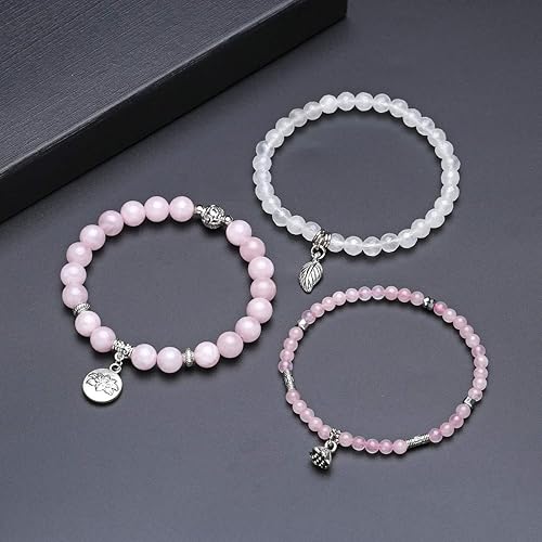 Miniatura 3 de Jovivi - 3 pulseras de cuentas de cristal de cuarzo rosa amatista para chakras, energía natural de curación, cuentas de loto, piedra reiki,
