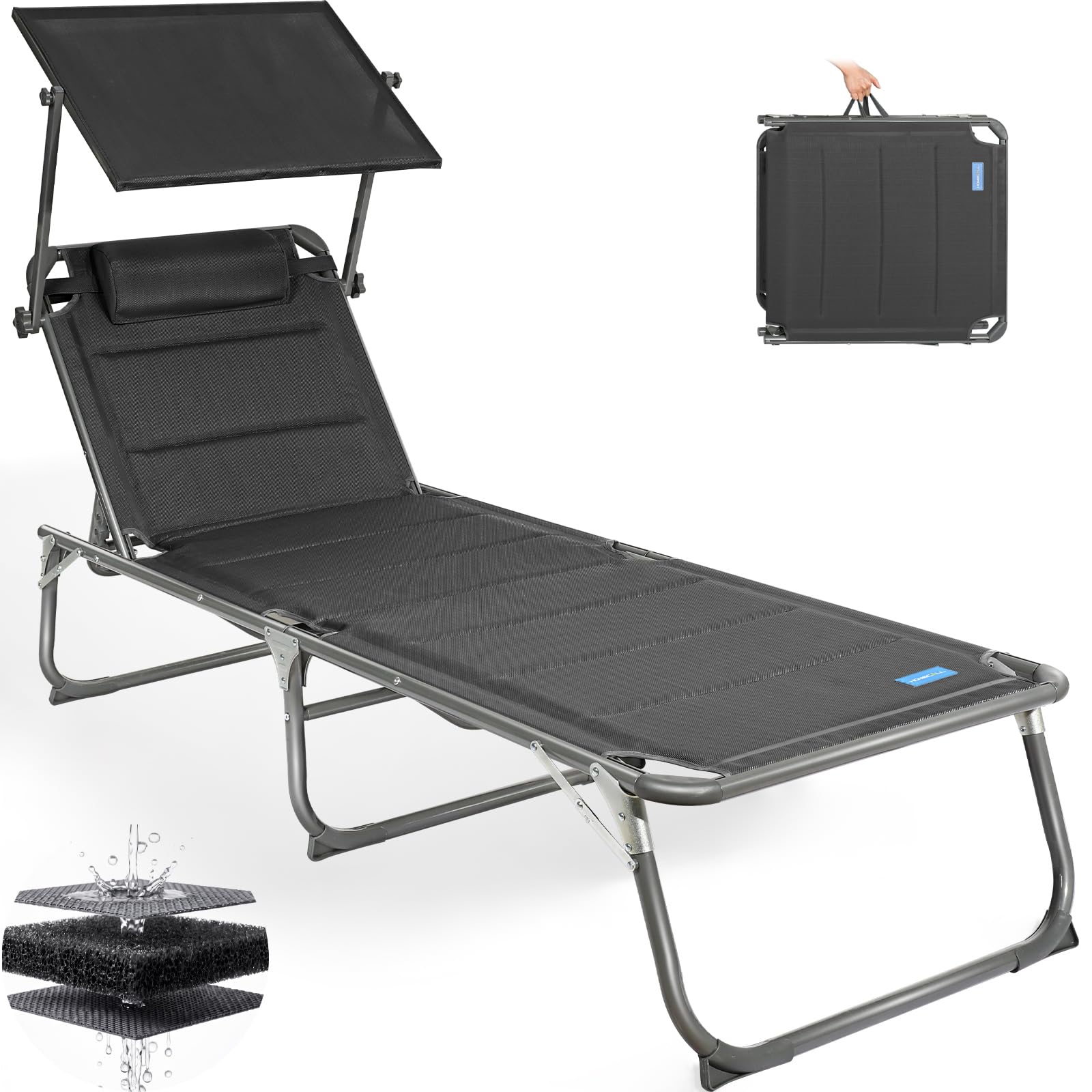 Homecall Sonnenliege Klappbar Gartenliege mit Dach, Kopfstütze, 5-Fach verstellbare Rückenlehne, Strandliege, Tragbarer Liegestuhl Bis 180 kg für Garten, Balkon