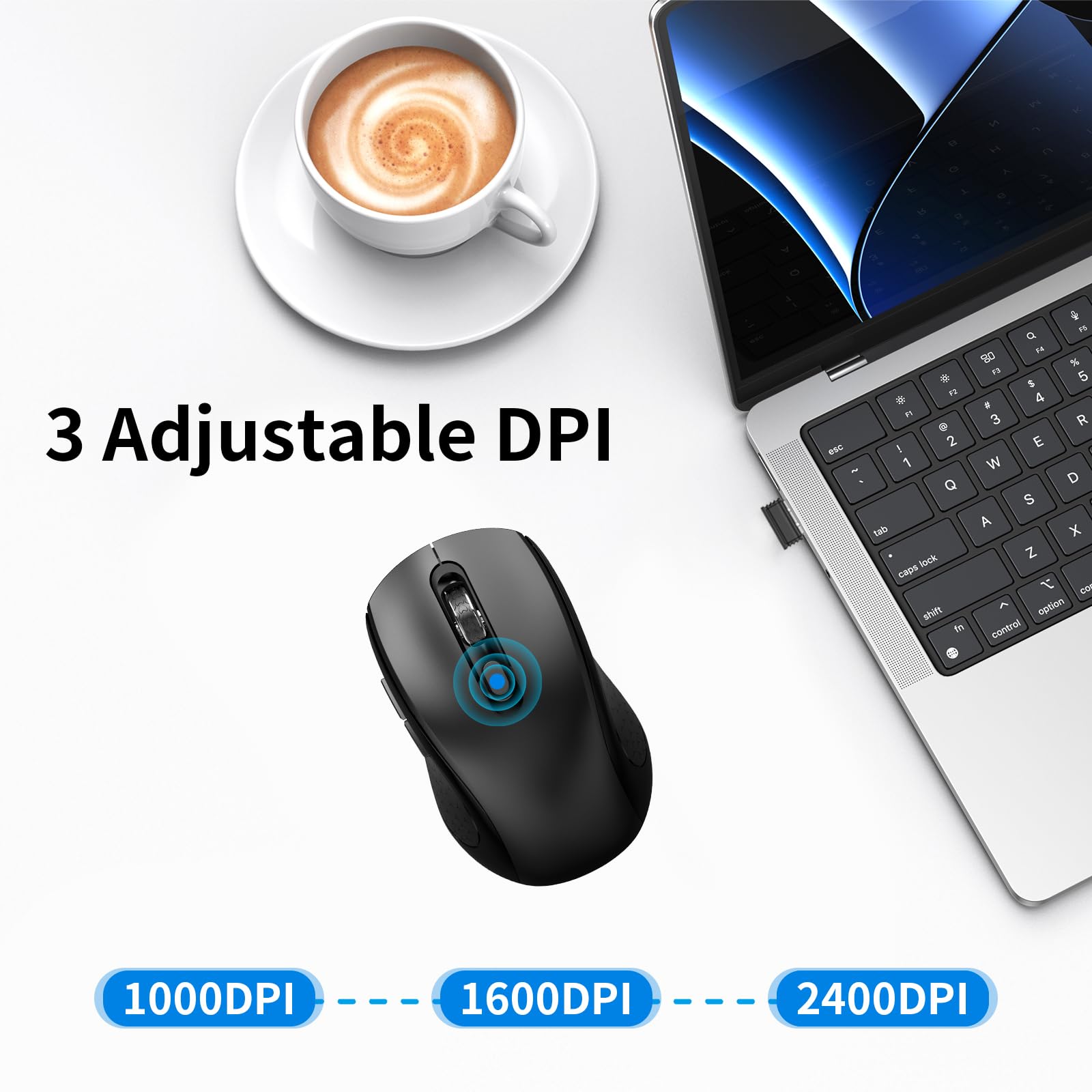 Bezprzewodowa mysz do laptopa, komputera, Chromebooka, Maca, MacBooka, cicha, bezprzewodowa mysz z odbiornikiem USB Nano, przycisk boczny, 2400 DPI, rolka antypoślizgowa, 6-przyciskowa, ergonomiczna,