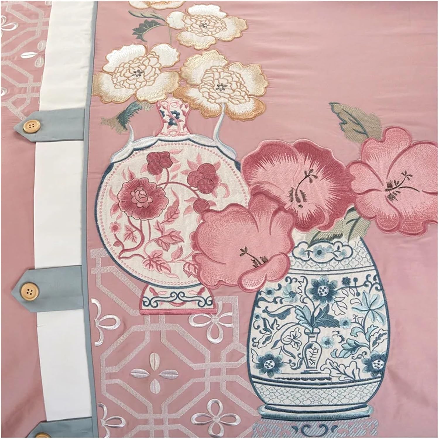Embroidery Chinoiserie Style Duvet Quilt Cover Grey Leaves Comforter Cover Queen King 4Pcs Bedding Set Bed Sheets,Bed