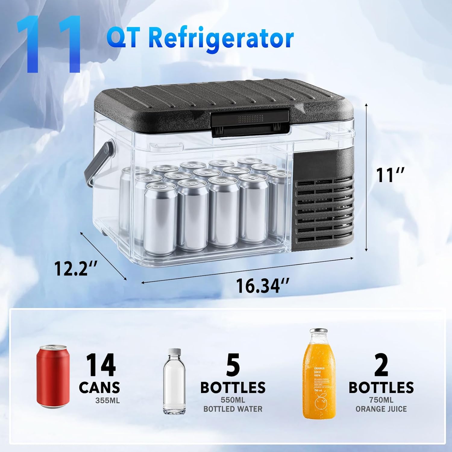 DOGHLY 12 Volt Car Refrigerator 11QT Portable Cooler -4℉-68℉, Compressor Fridge 12V/24V DC & 110-240V AC, Electric Cooler for Truck, RV, Camper, SUV, Travel, Camping & Road Trips (11QT)