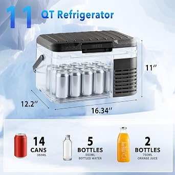 12 Volt Car Refrigerator, 11QT(10L) -4F~68F, Dual Power 12/24V DC & 110-240V AC Electric Fridge, Battery Powered Cooler, Portable Freezer for Camping, Travel, RV, Truck, Boat & Home Use