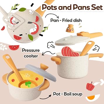 HYAKIDS Toy Pots and Pans Set Kids Kitchen Accessories, Pretend Play Kitchen Toys Cooking Set Cookware Playset Gifts for Boys Girls 3+ Years Old