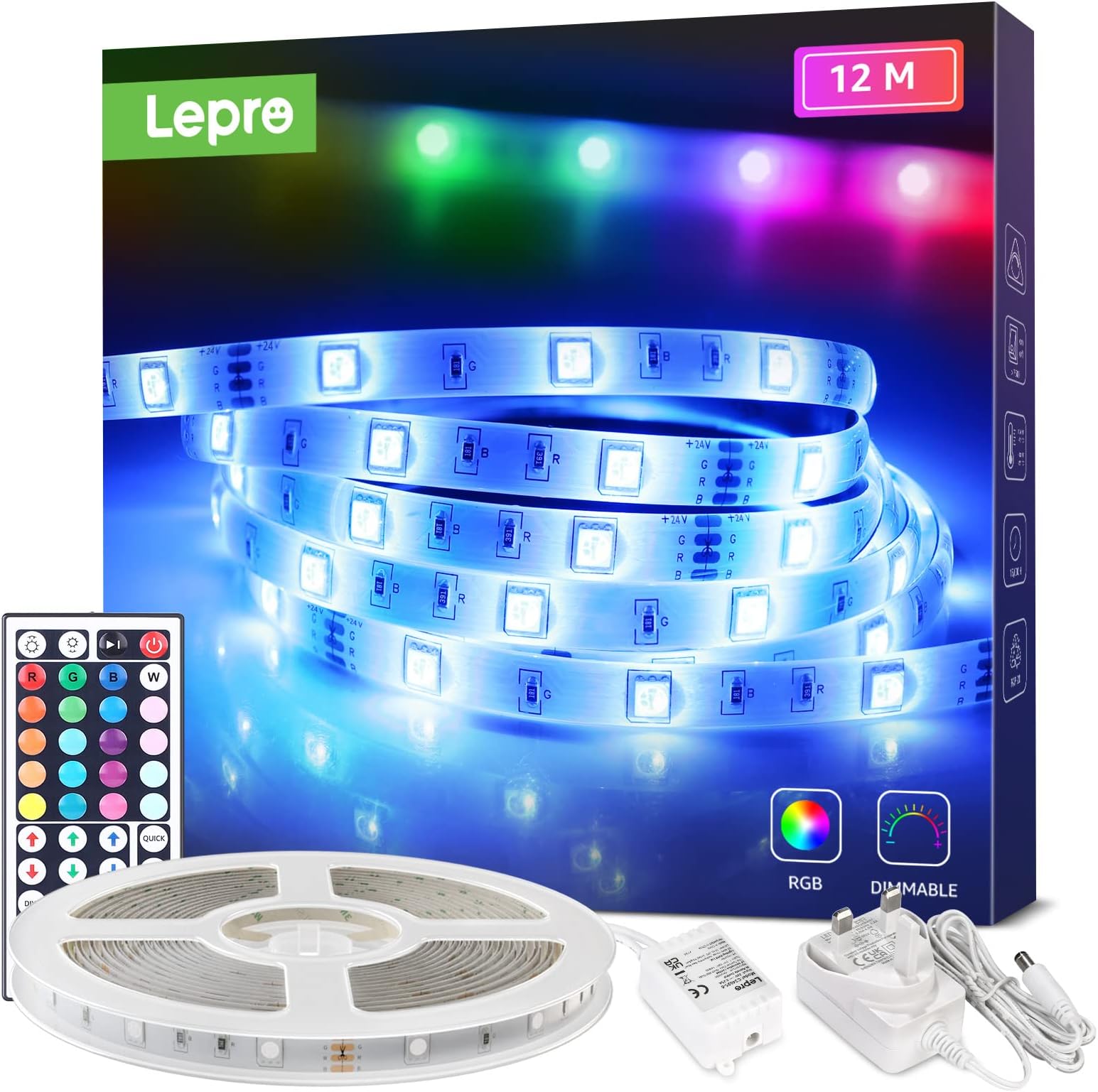 Lepro 12M LED Strip Light, RGB LED Strip with Remote Control, Colour Changing LED Lights for Bedroom Kitchen Kids Room Ceiling and More (12 Meter Continuous Striplight)