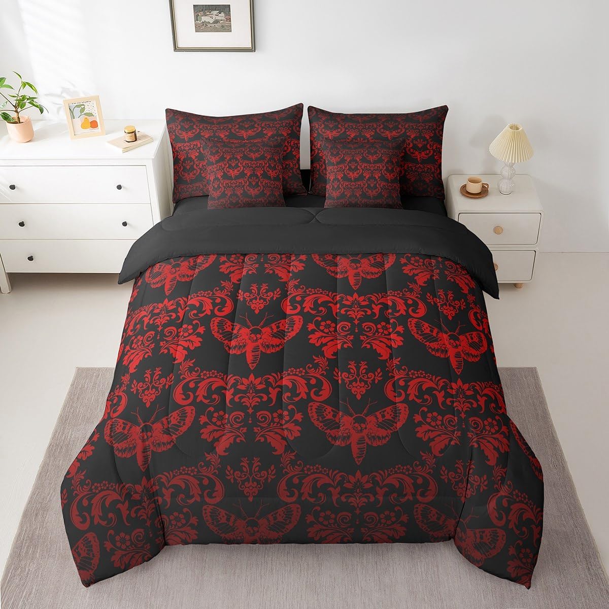 Erosebridal Gothic Queen Comforter Set 7 Pcs Black Red Moth Goth Bed in A Bag with Sheets Vintage Damask Boho Bedding Comforter Sets for Kids Adults,Victorian Bohemian Floral Animal Bed Set