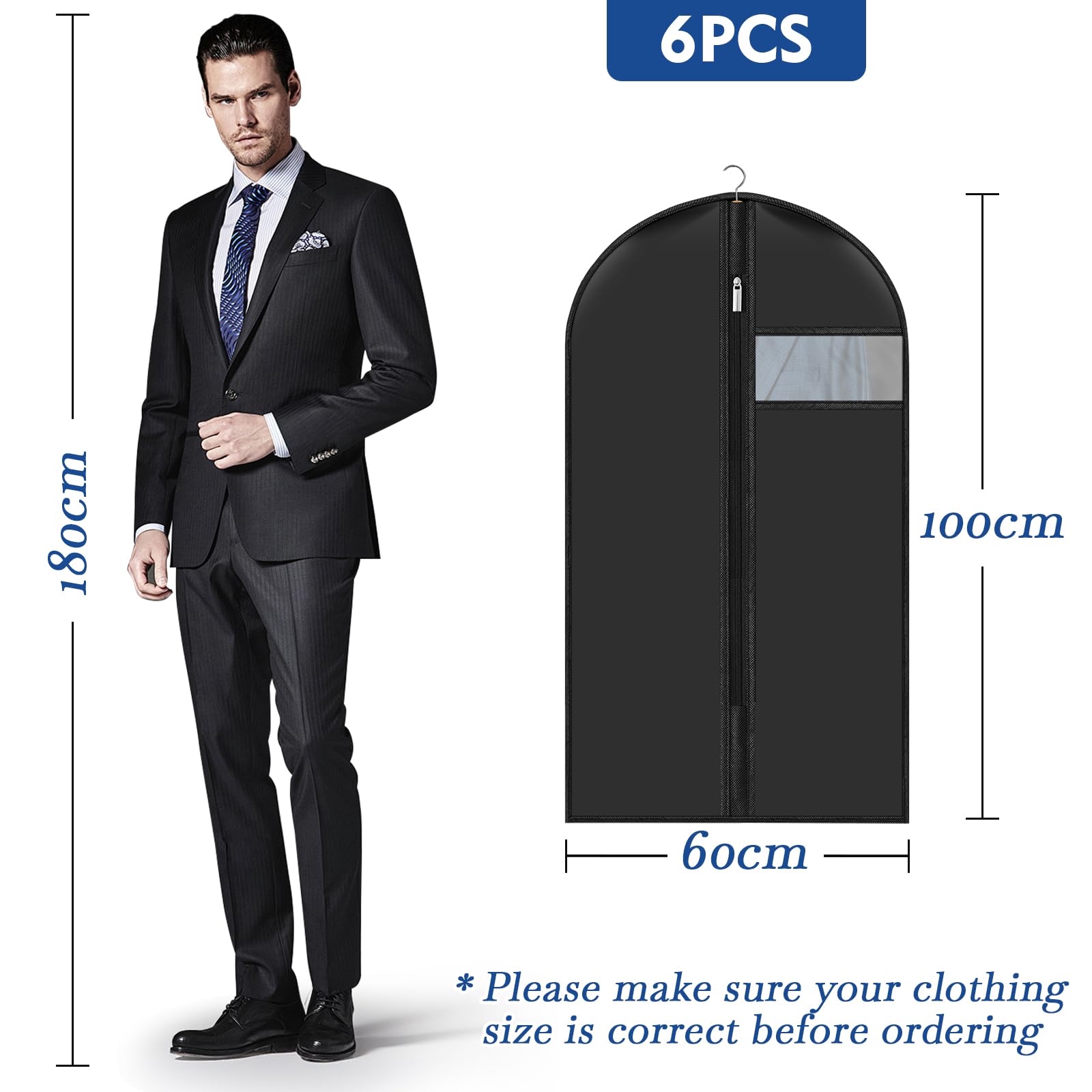 6 Stück Kleiderhüllen: 60 x 100 cm, Abdeckhaube, Kleiderschutz, Schutzhülle für Kleidung, staubdicht, wasserdicht, mit Reißverschluss, Kleiderhülle zum Aufhängen für Hemden, Anzüge, Mäntel