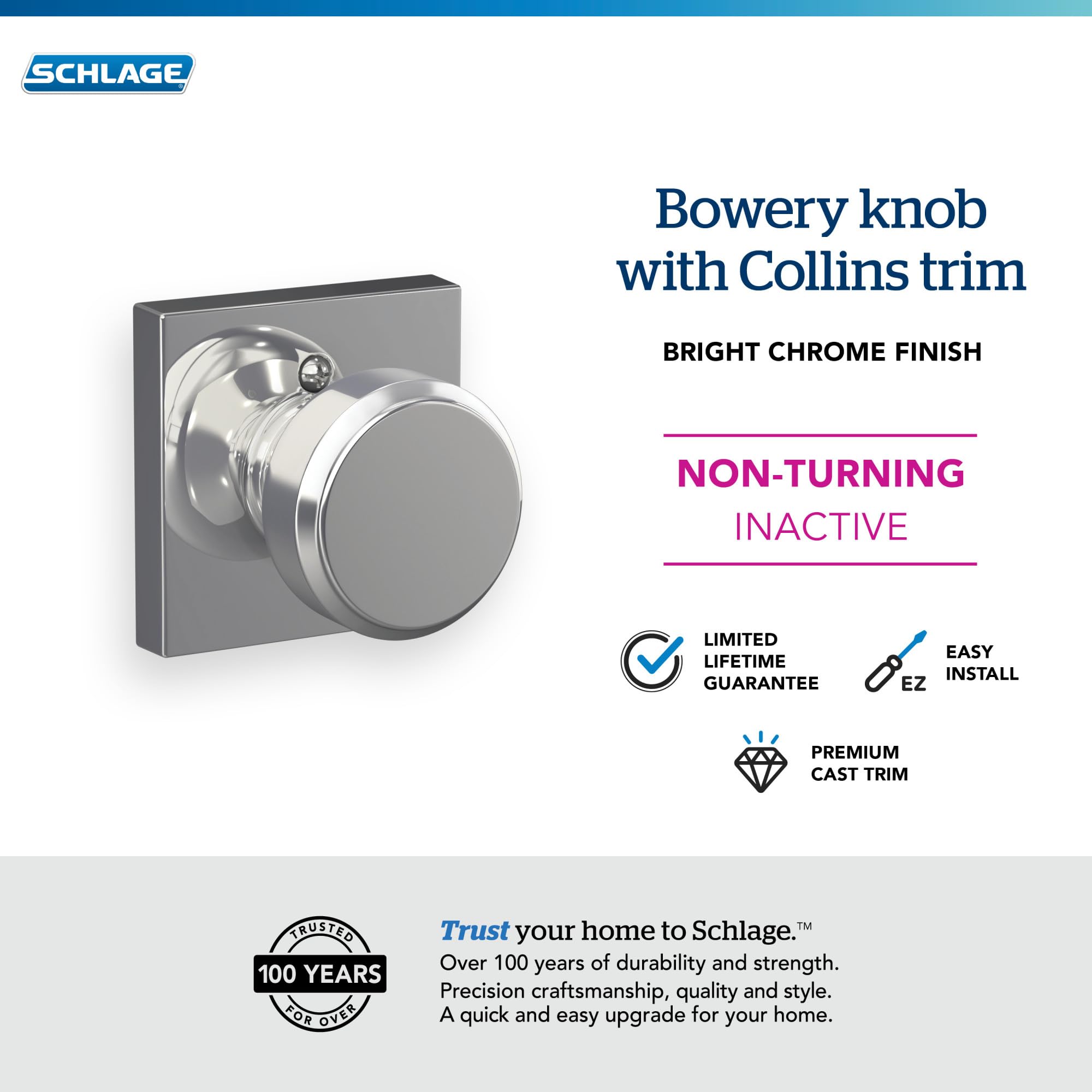 SCHLAGE F170 BWE 625 COL Bowery Knob with Collins Trim Non-Turning Dummy Door Handle, Bright Chrome - Image 3