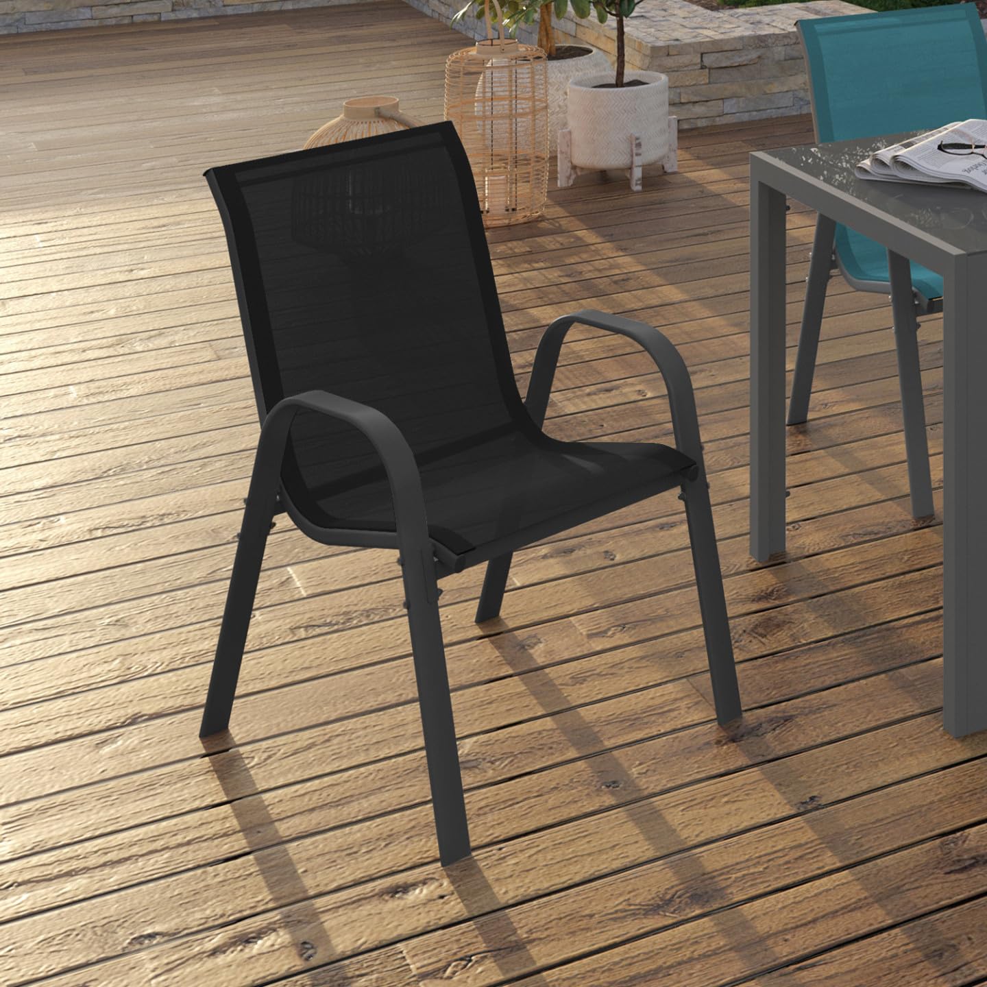 IDMarket - Lot de 6 chaises de Jardin LYMA métal et textilène empilables Gris, Noir et Bleu