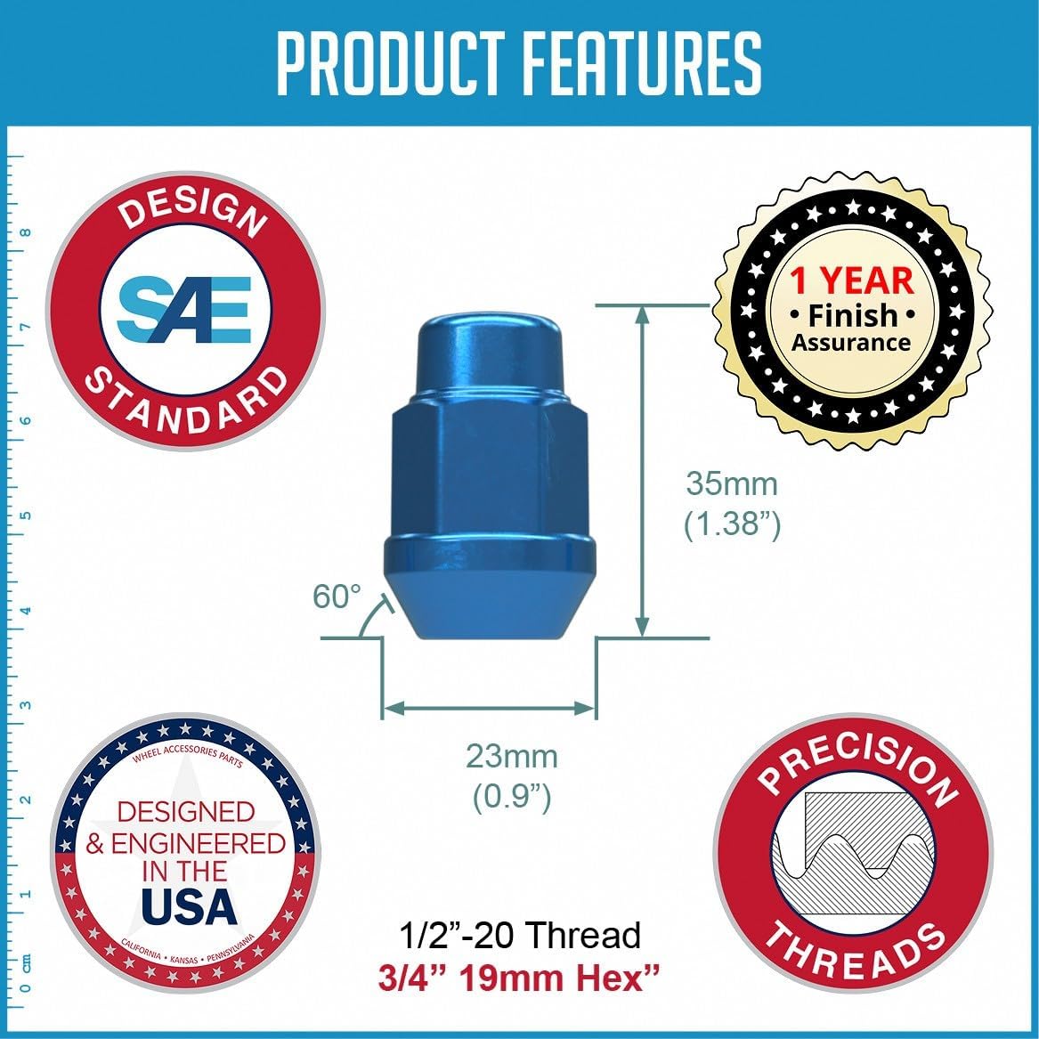 Wheel Accessories Parts 20 Pcs 1/2"-20 Thread Bulge Acorn 1.38" 35mm Long Lug Nuts Blue 3/4" 19mm Hex Fits Ford Mustang ｜ Jeep CJ Wrangler Grand Cherokee image 3