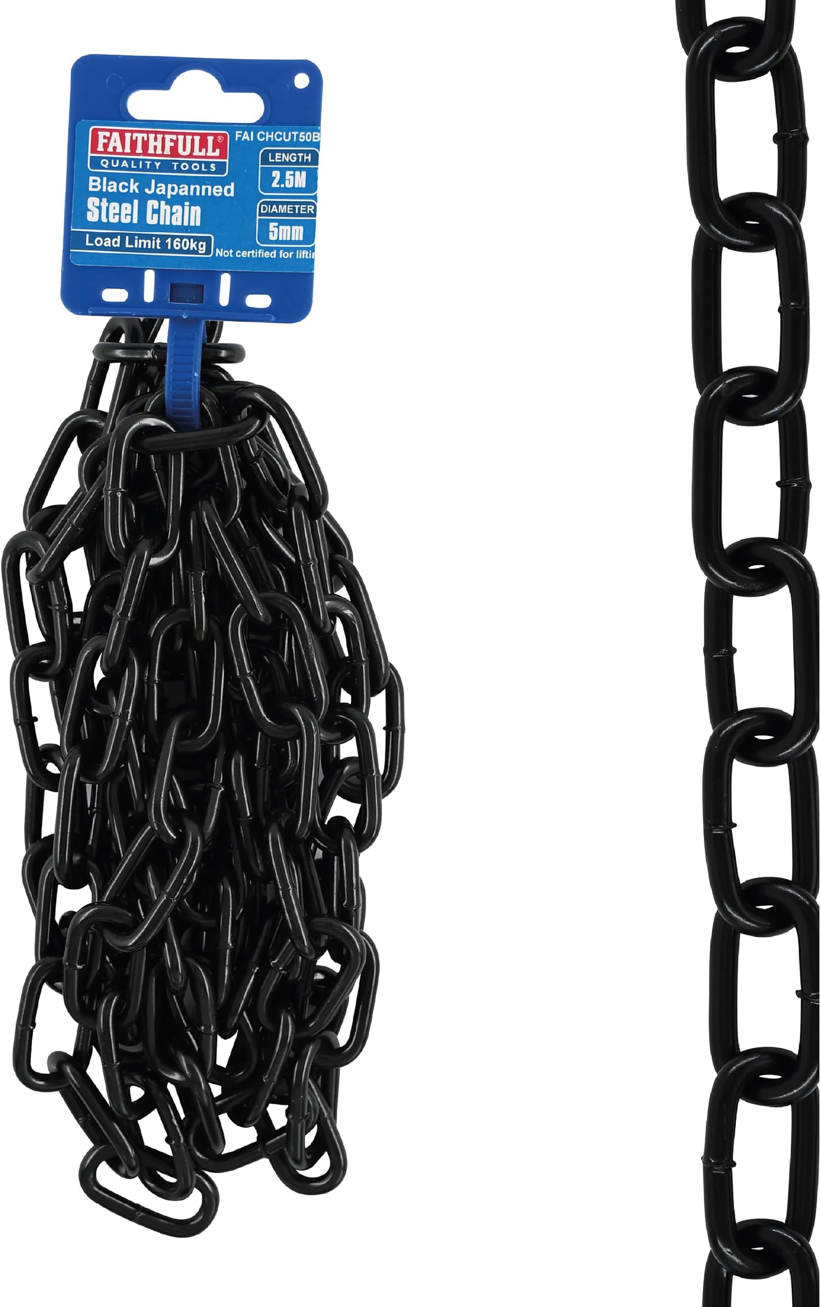 Faithfull Black Japanned Steel Chain – Mild Steel Welded, Corrosion Resistant Link Chain for Securing & General Purpose Use – 2.5 Metre Length, 5mm Dia, 160kg Load Limit
