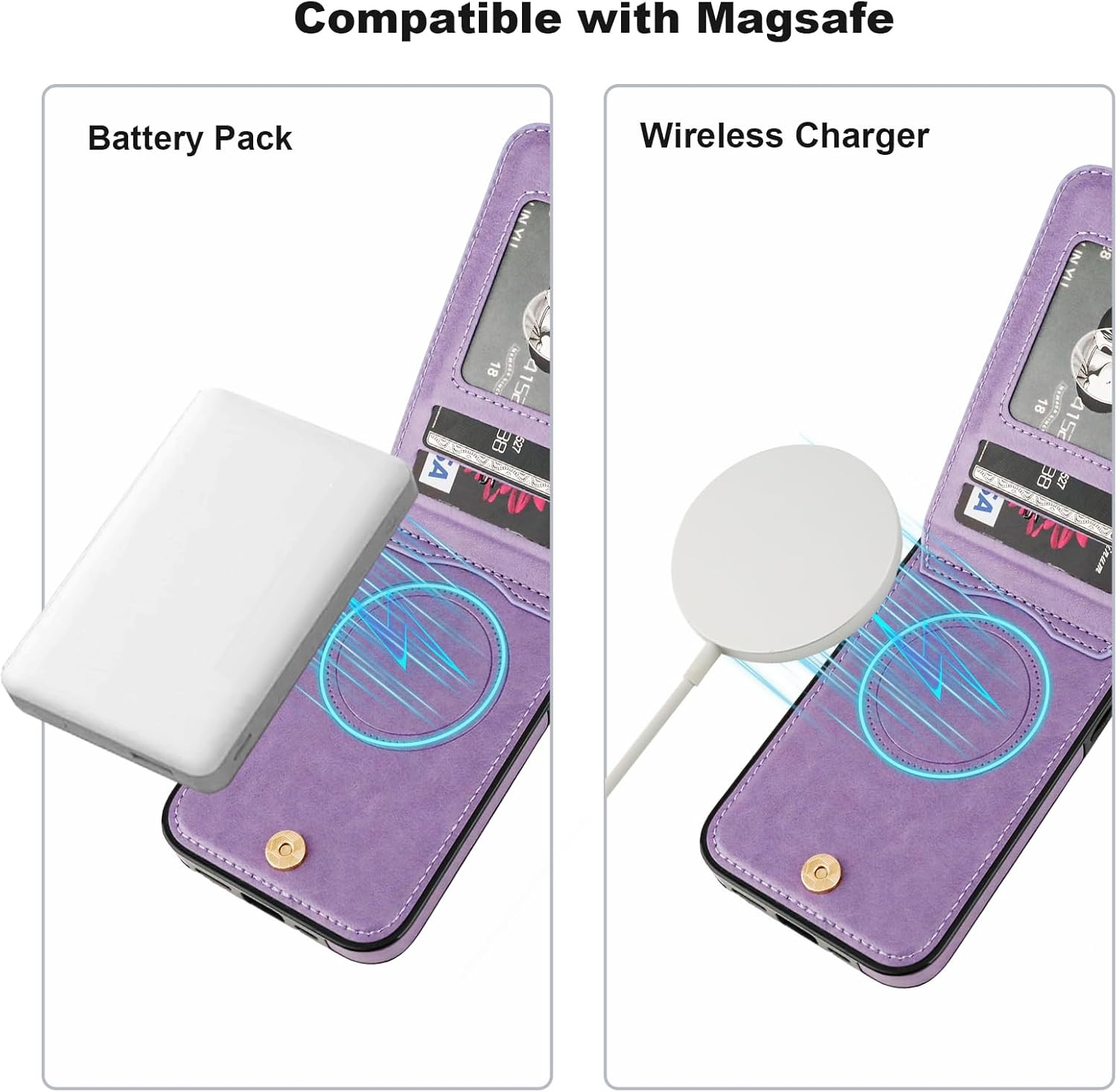 KIHUWEY for iPhone 13/14 Case Wallet Compatible with MagSafe Wireless Charging, Credit Card Holder, 360° Rotation Ring PU Leather Magnetic Clasp Kickstand Heavy Duty Cover for 6.1 Inch (Purple)