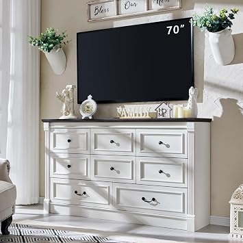 Aitjunz Farmhouse 8 Drawers Dresser for Bedroom, 61" Wide Large Dressers & Chests of Drawers w/Roman Column, Storage Dressers Organizer for Bedroom, Hallway, Living Room, White