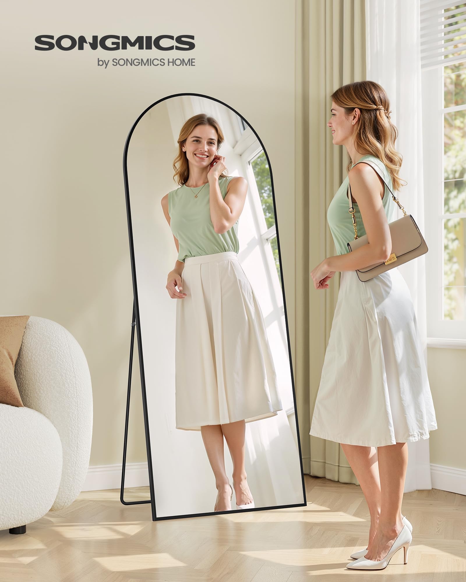 SONGMICS Specchio A Figura Intera Da Terra, 165x60 Cm, Arco Nero Con Supporto, Lega Alluminio – Per Camera, Soggiorno, Palestra
