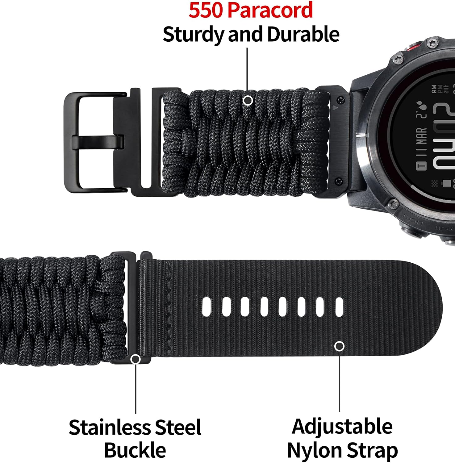 BINLUN Compatible with Garmin Watch Band 20mm 22mm 26mm, Heavy-Duty Braided 550 Paracord Nylon Sport Replacement Strap Design for Quickfit Fenix/Fit for Forerunner/for Instinct/for Quatix/for MARQ