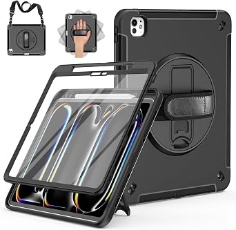 Miesherk Case for iPad Pro 13 Inch 2025, Military Grade Heavy Duty Shockproof iPad 13 M4 Case 8th Generation 2024, 7th Generation - Screen Protector, Rotating Stand, Hand/Shoulder Strap, Black