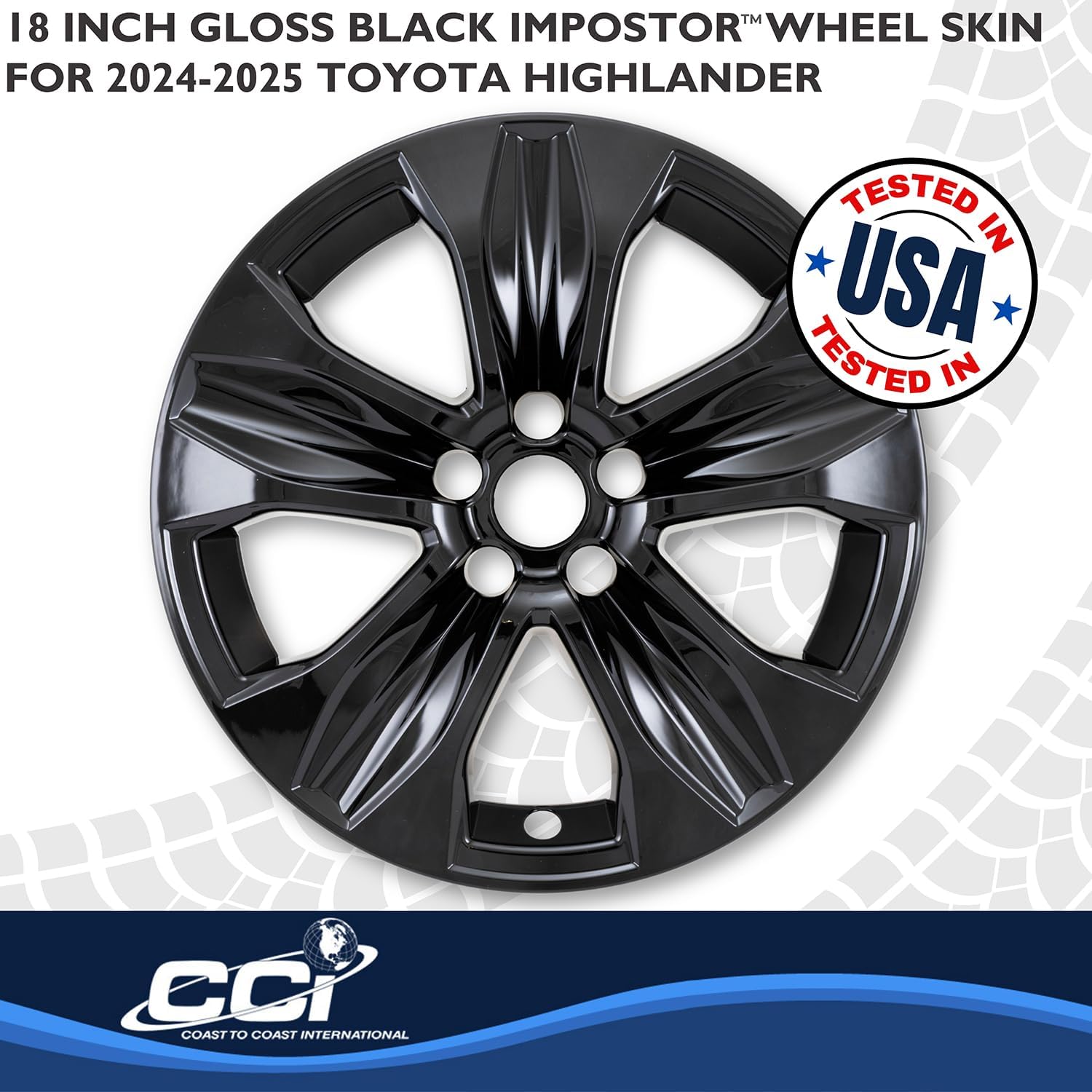 CCI Impostor ® Wheel Skins IMP525BLK, 18 Inch, 5 V Spokes, Painted, Gloss Black, ABS Plastic, with Center Caps, Set of 4, Fits 2020-2025 Toyota Highlander Hybrid XLE/XLE Model