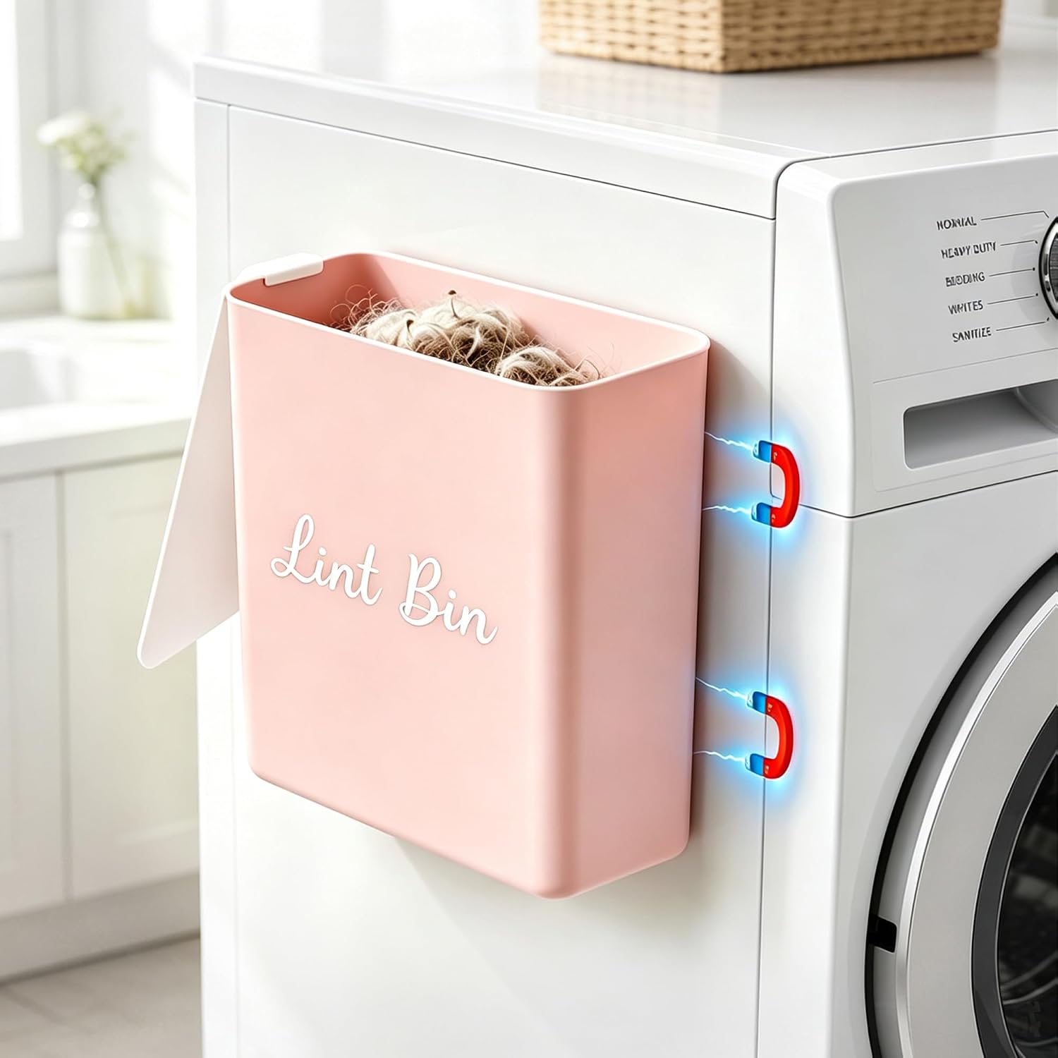 Magnetic Lint Bin with Lid for Laundry Room, Compact Plastic Dryer Lint Holder, Small Laundry Trash Container for Dryer Lint & Used Dryer Sheets, Space Saving Storage Decor Organizer (White)